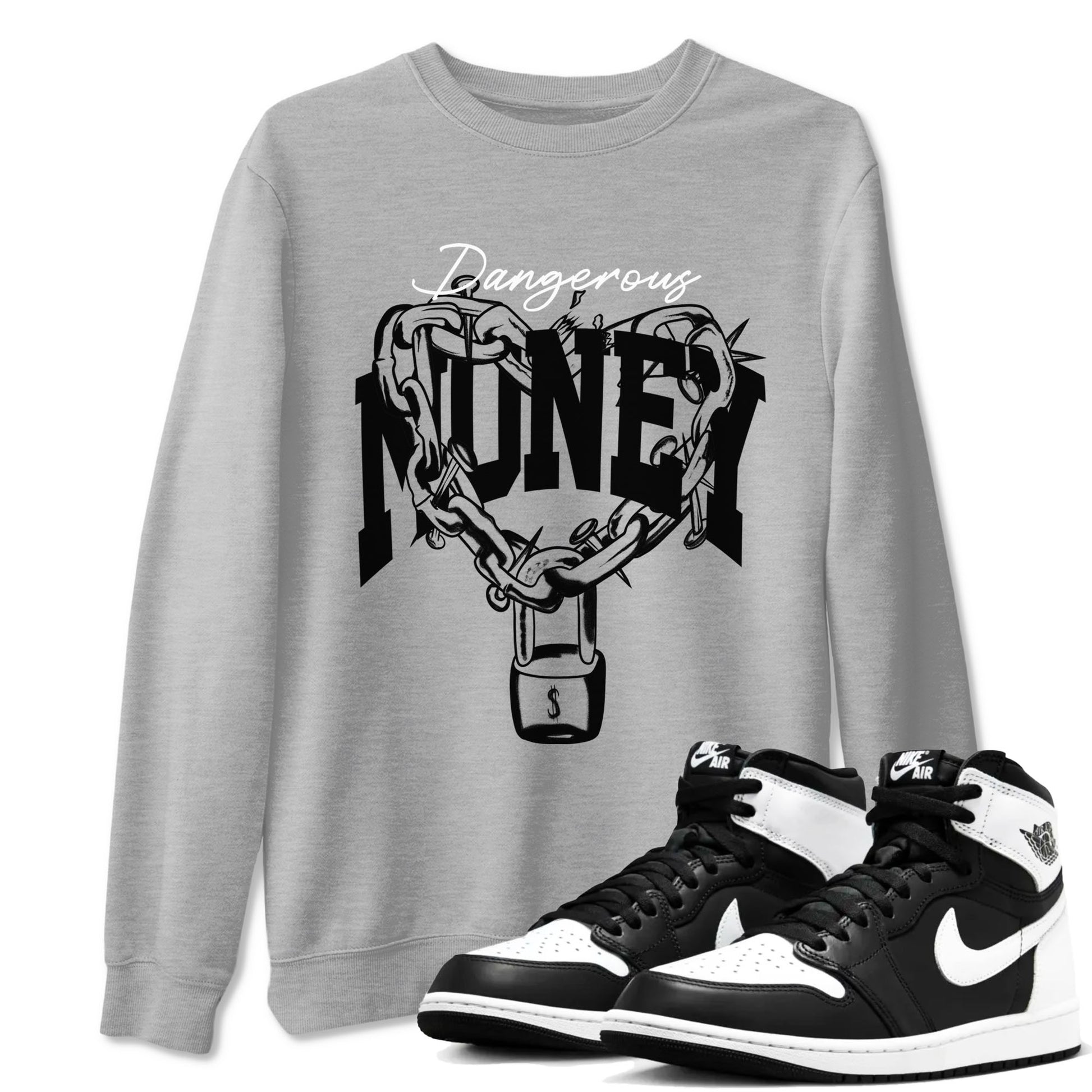 Air Jordan 1 High OG Black White shirt to match jordans Dangerous Money sneaker tees 1s Black White SNRT Sneaker Release Tees Streetwear unisex cotton Heather Grey 1 crew neck shirt