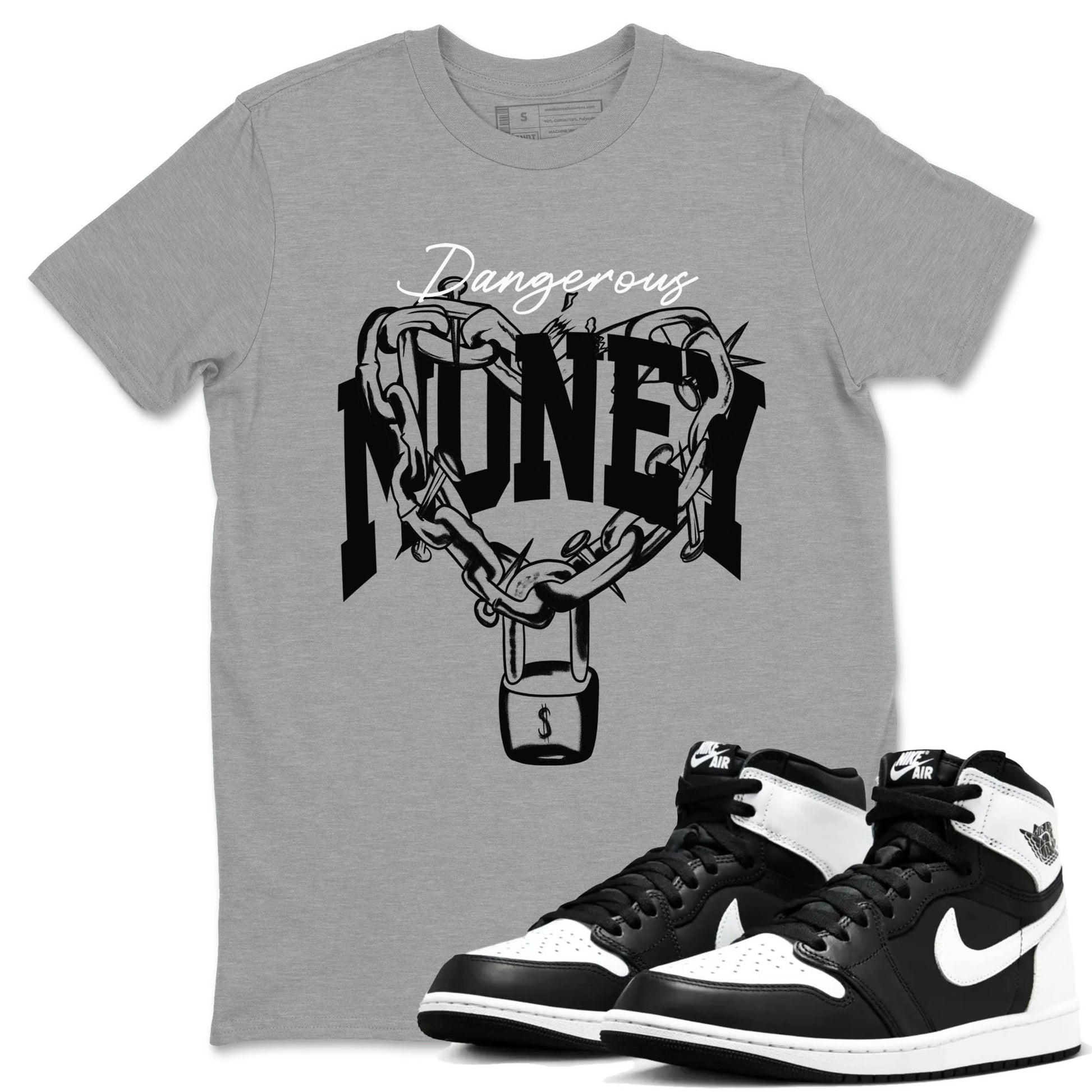 Air Jordan 1 High OG Black White shirt to match jordans Dangerous Money sneaker tees 1s Black White SNRT Sneaker Release Tees Streetwear unisex cotton Heather Grey 1 crew neck shirt