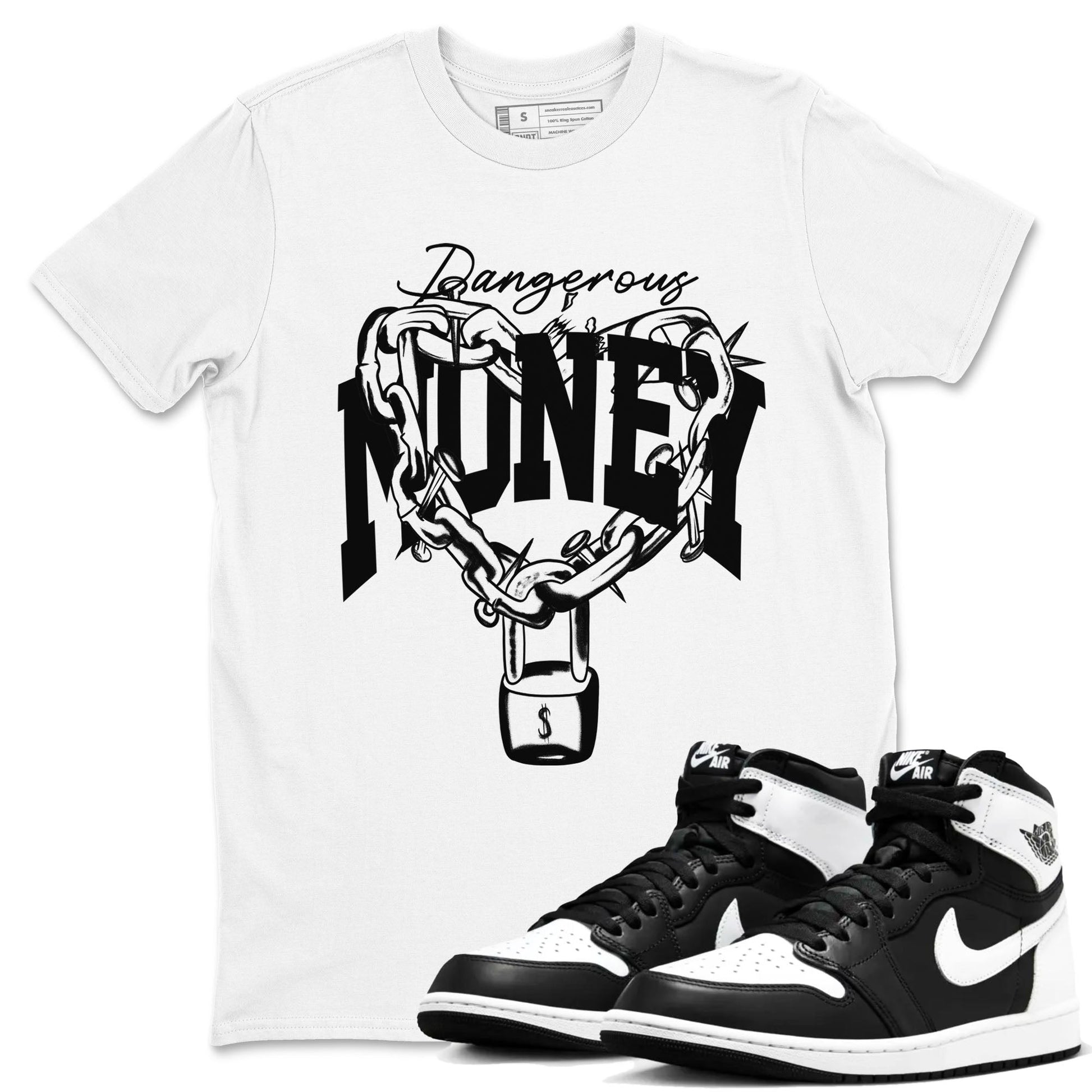 Air Jordan 1 High OG Black White shirt to match jordans Dangerous Money sneaker tees 1s Black White SNRT Sneaker Release Tees Streetwear unisex cotton White 1 crew neck shirt