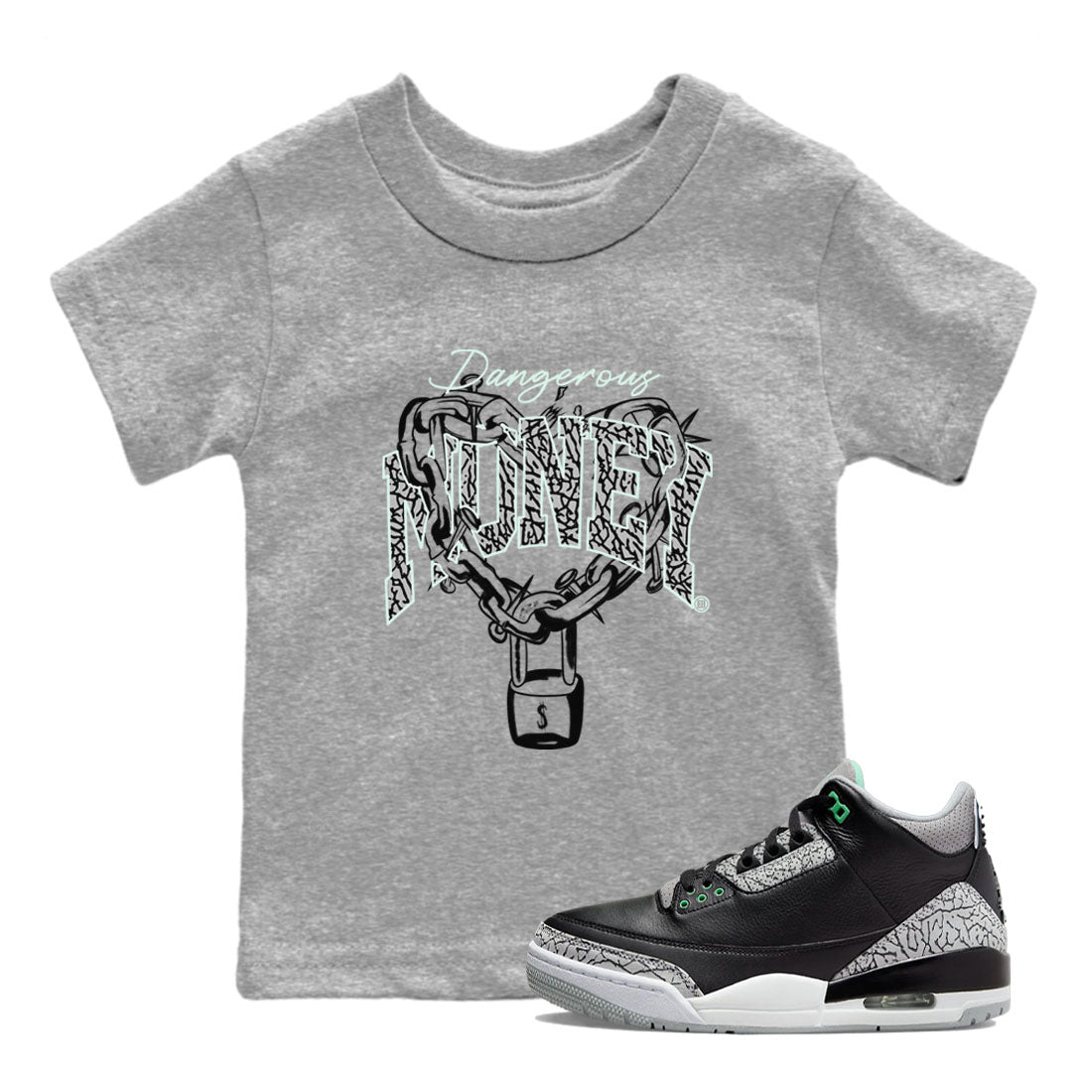 3s Green Glow shirt to match jordans Dangerous Money sneaker tees Air Jordan 3 Retro Green Glow SNRT sneaker release tees baby toddler Heather Grey 1 cotton Shirt