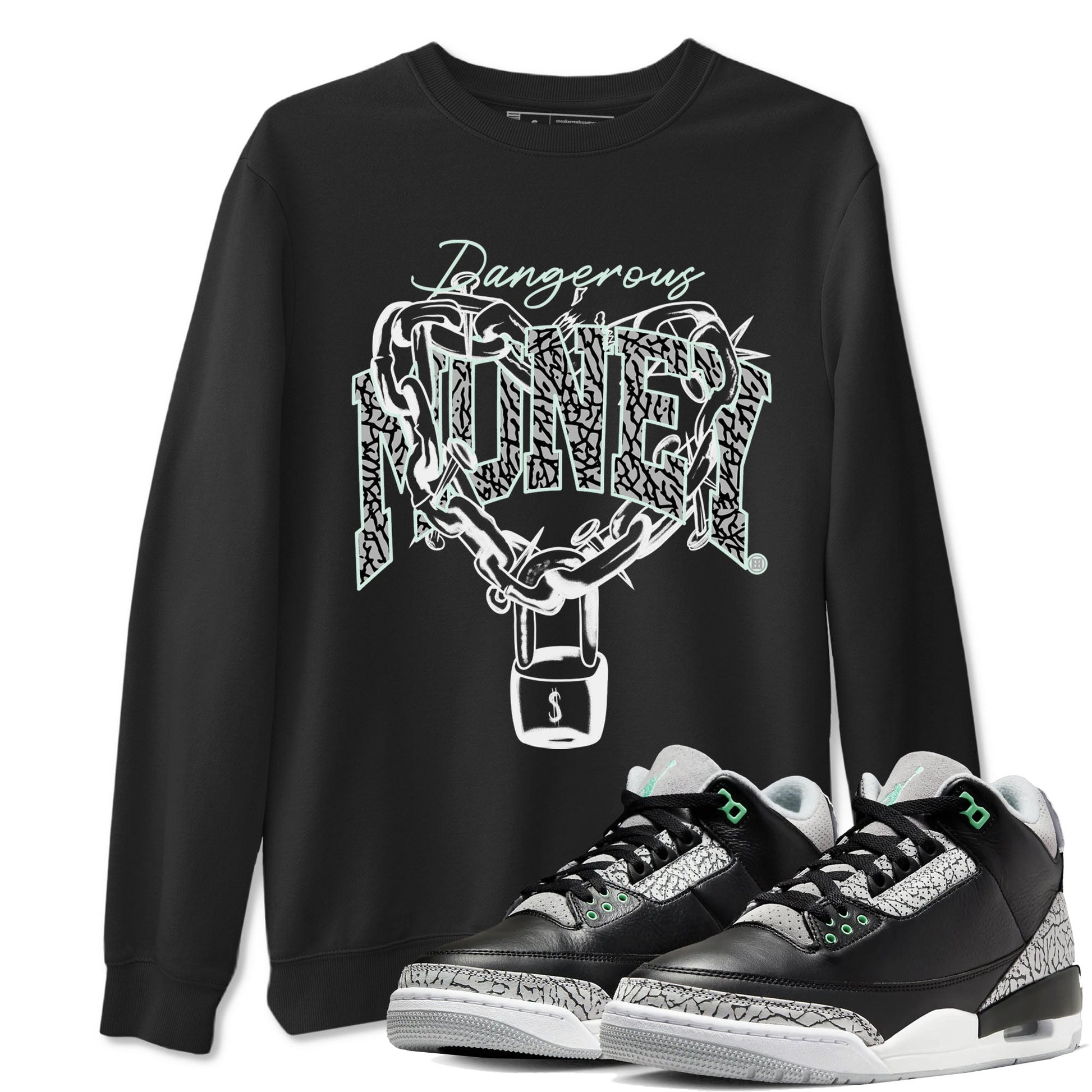 3s Green Glow shirt to match jordans Dangerous Money sneaker tees Air Jordan 3 Retro Green Glow SNRT Sneaker Release Tees unisex cotton Black 1 crew neck shirt