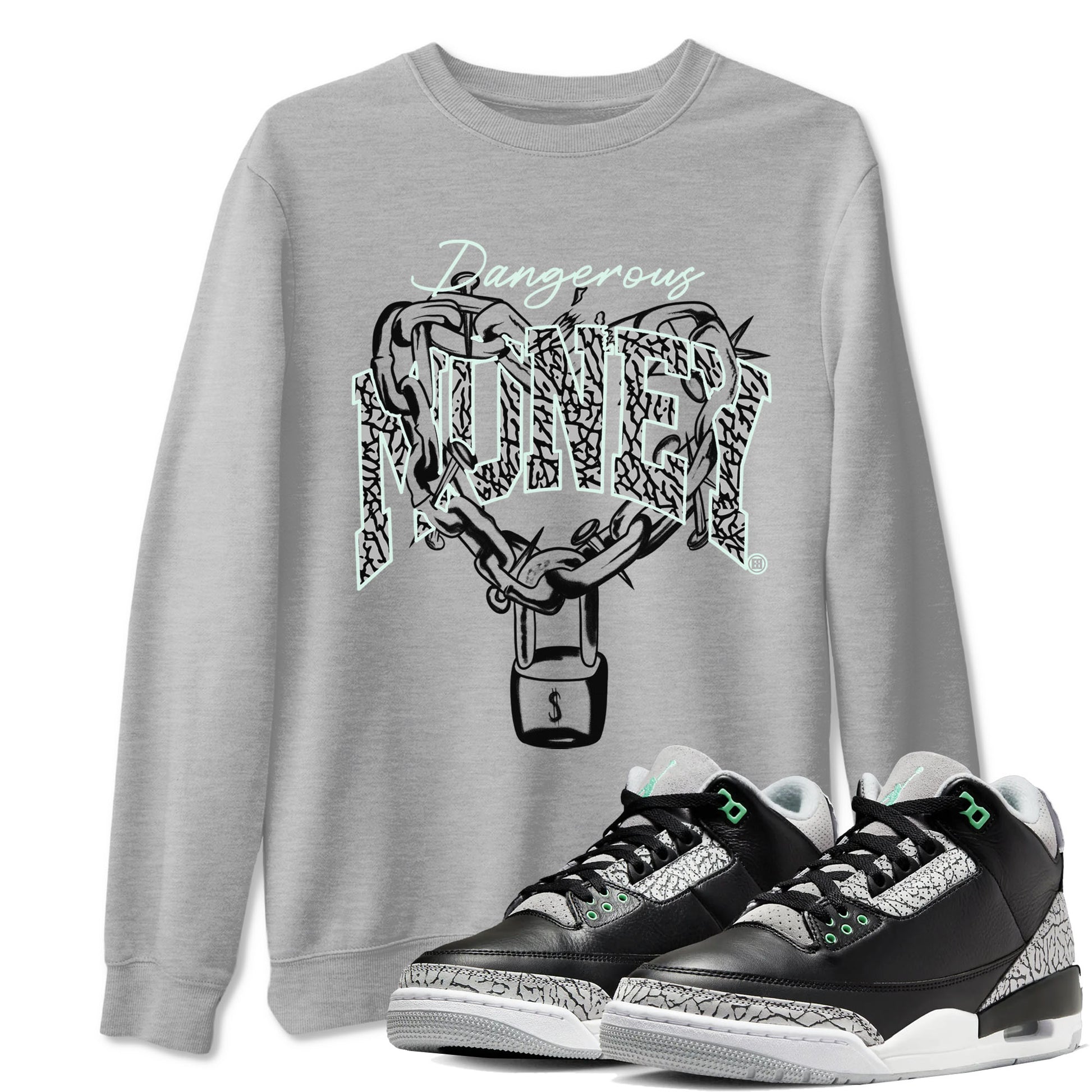 3s Green Glow shirt to match jordans Dangerous Money sneaker tees Air Jordan 3 Retro Green Glow SNRT Sneaker Release Tees unisex cotton Heather Grey 1 crew neck shirt