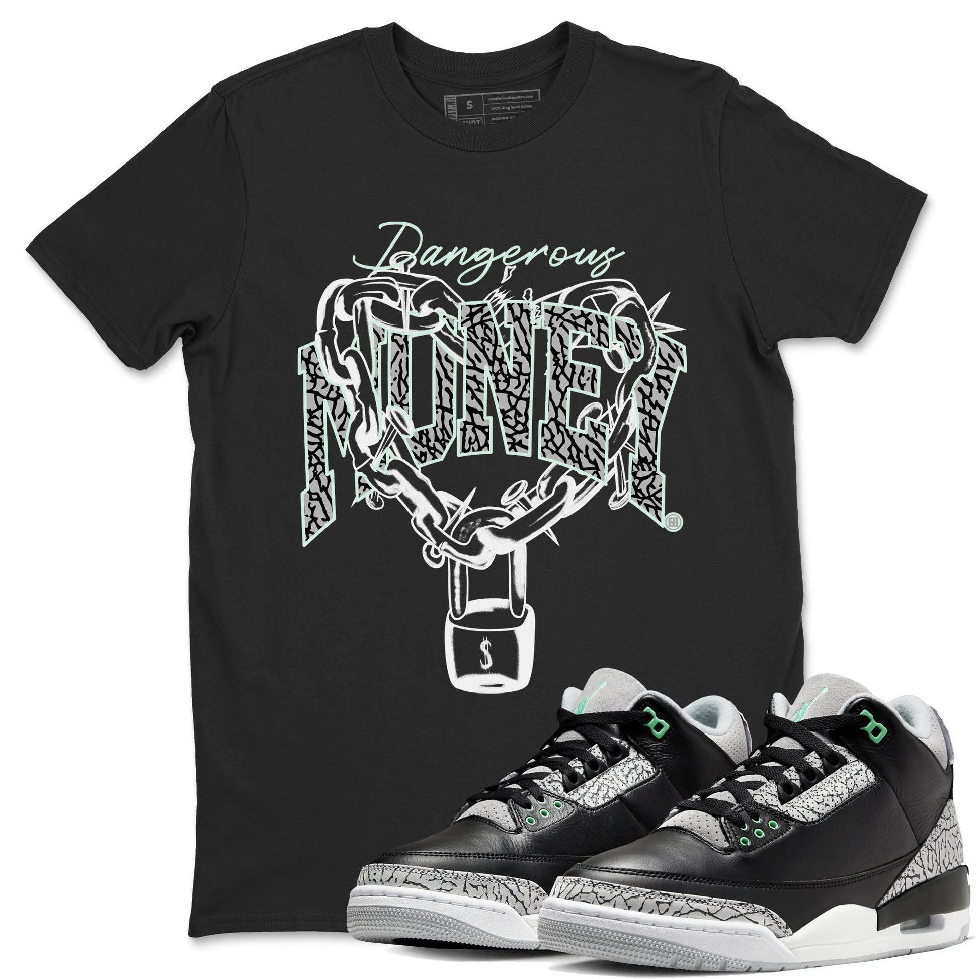 3s Green Glow shirt to match jordans Dangerous Money sneaker tees Air Jordan 3 Retro Green Glow SNRT Sneaker Release Tees unisex cotton Black 1 crew neck shirt