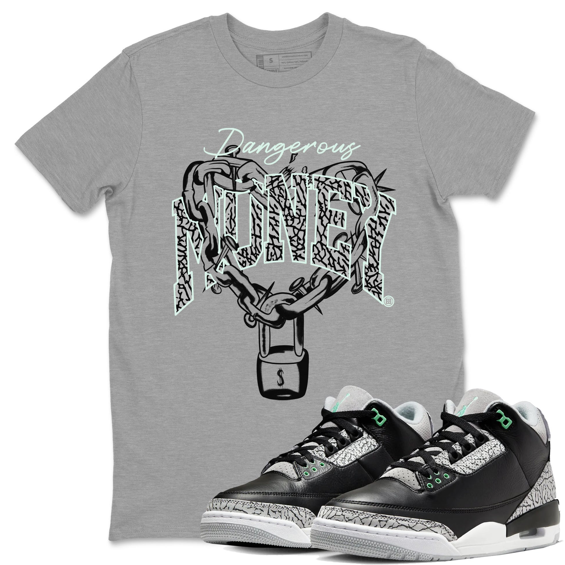 3s Green Glow shirt to match jordans Dangerous Money sneaker tees Air Jordan 3 Retro Green Glow SNRT Sneaker Release Tees unisex cotton Heather Grey 1 crew neck shirt
