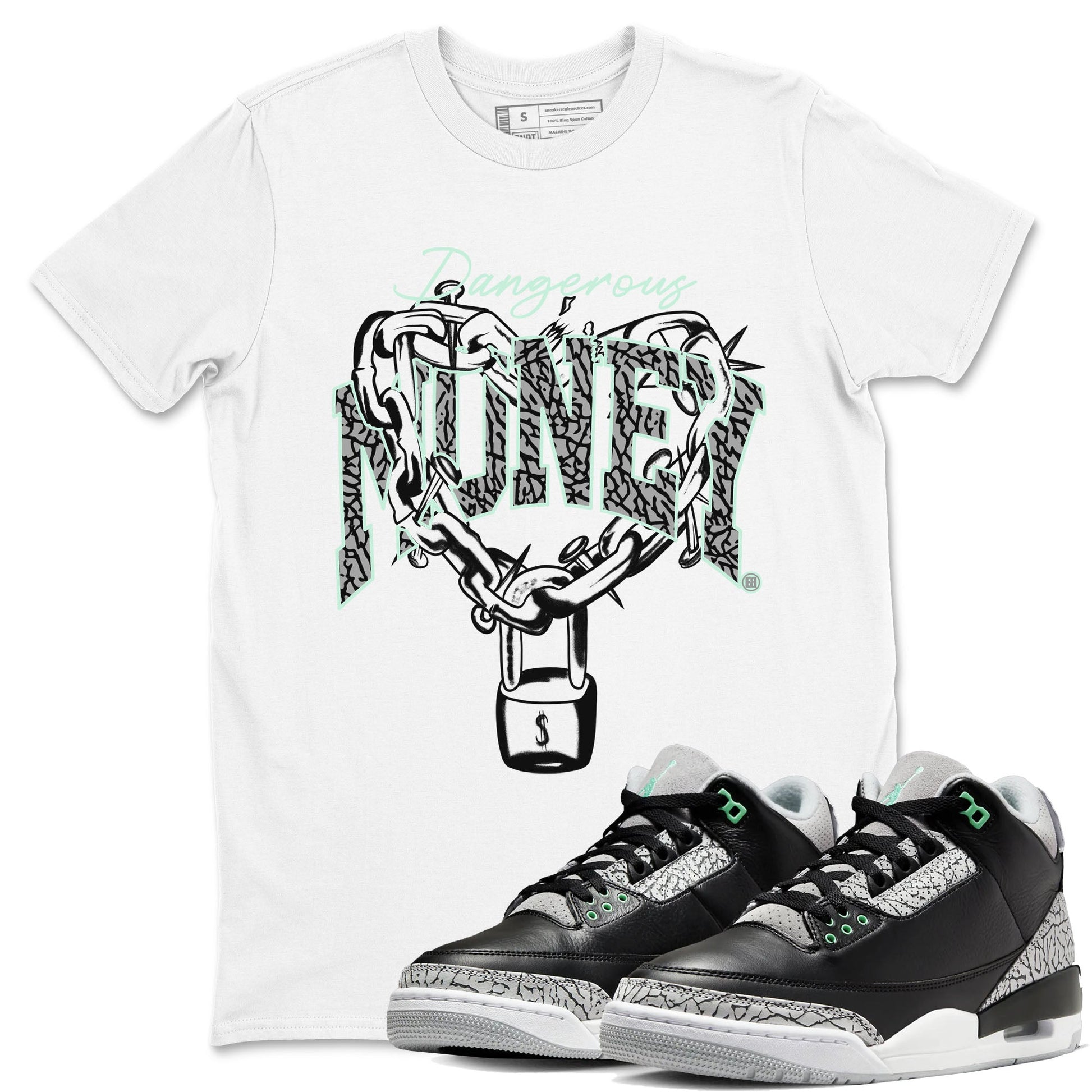 3s Green Glow shirt to match jordans Dangerous Money sneaker tees Air Jordan 3 Retro Green Glow SNRT Sneaker Release Tees unisex cotton White 1 crew neck shirt