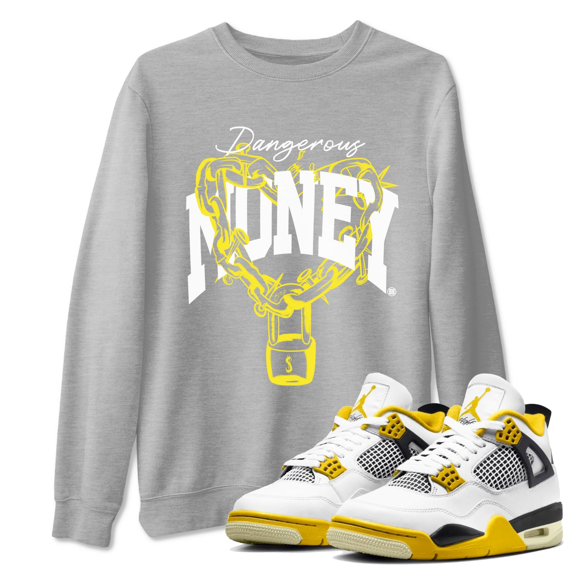 4s Vivid Sulfur shirt to match jordans Dangerous Money sneaker tees Air Jordan 4 Vivid Sulfur SNRT Sneaker Release Tees unisex cotton Heather Grey 1 crew neck shirt
