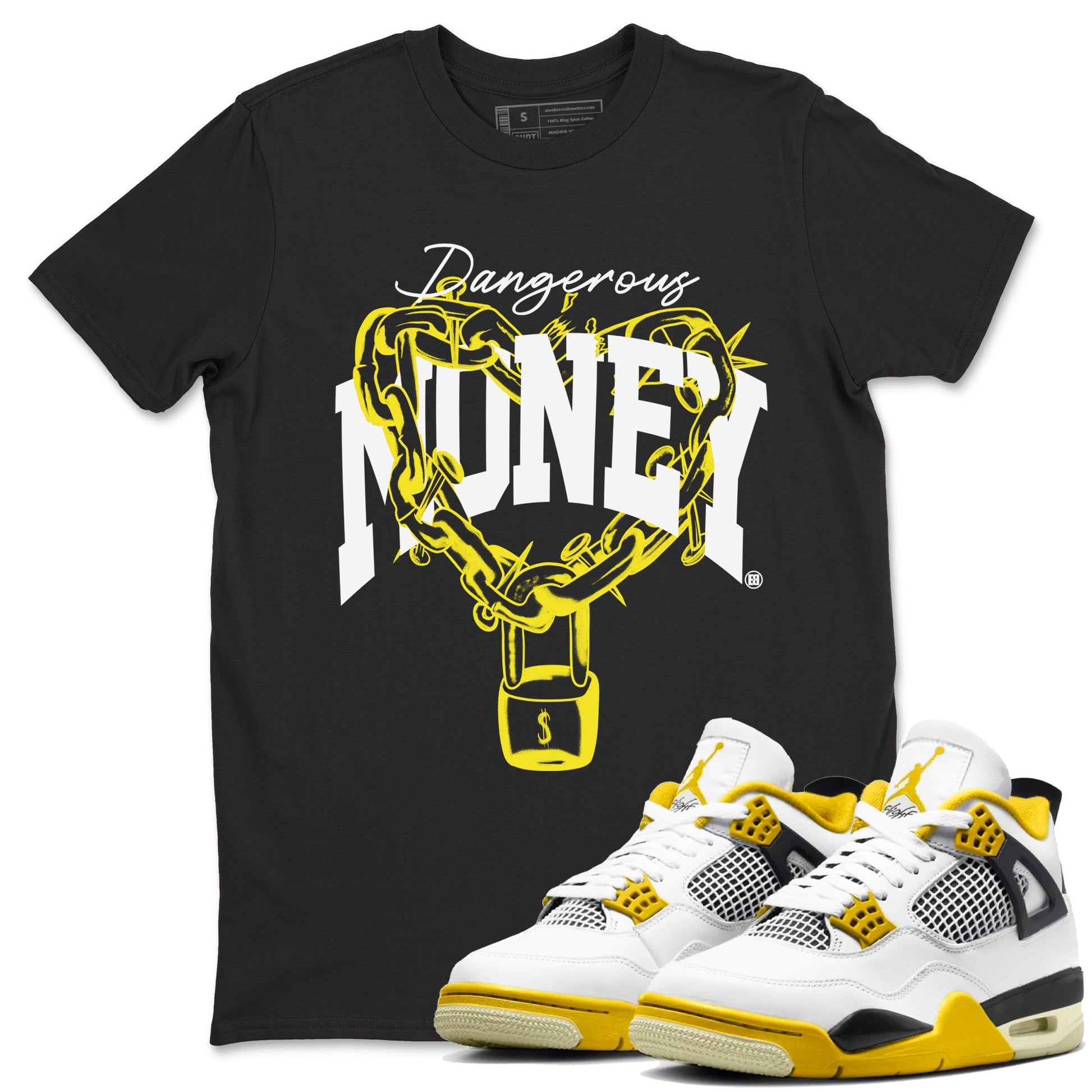 4s Vivid Sulfur shirt to match jordans Dangerous Money sneaker tees Air Jordan 4 Vivid Sulfur SNRT Sneaker Release Tees unisex cotton Black 1 crew neck shirt