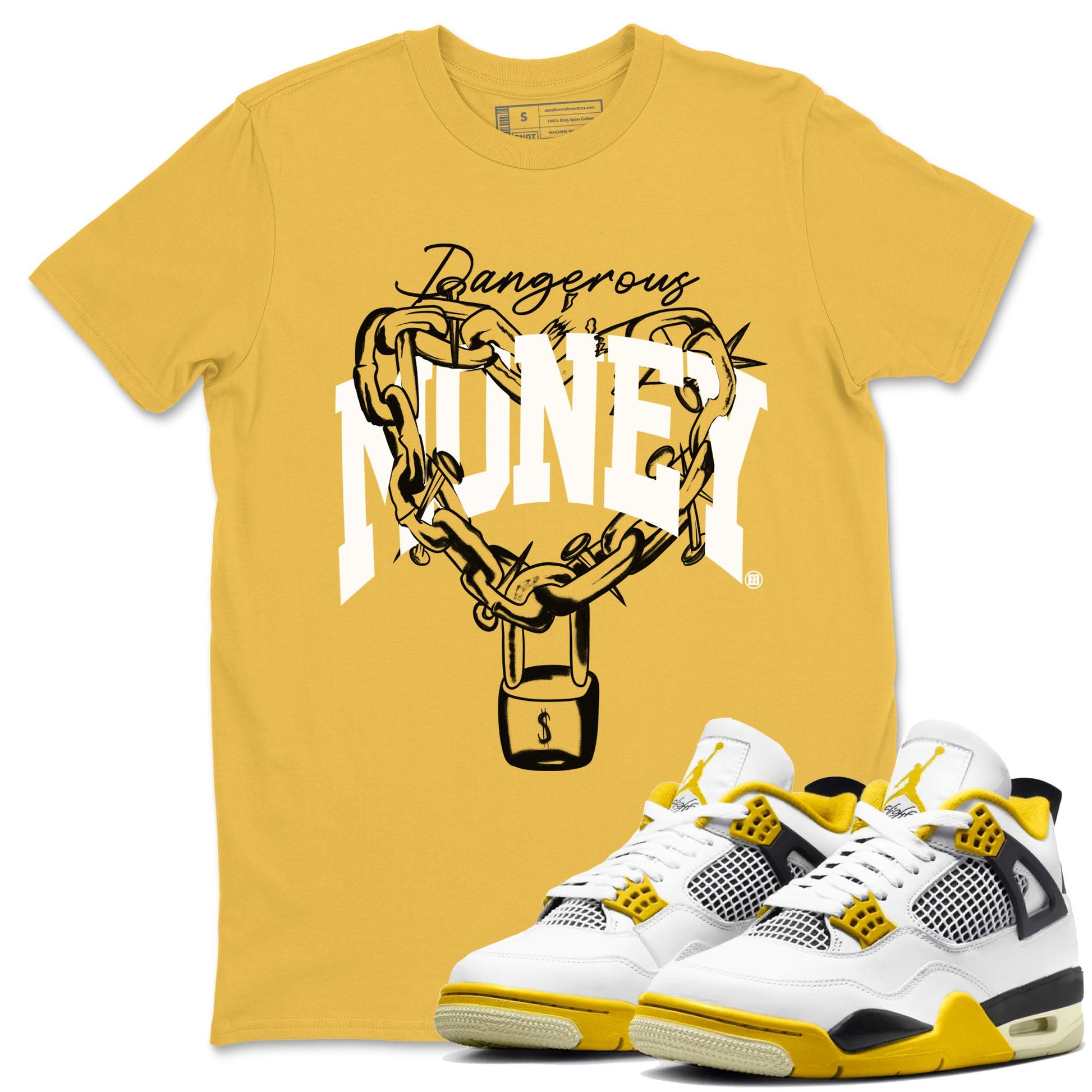 4s Vivid Sulfur shirt to match jordans Dangerous Money sneaker tees Air Jordan 4 Vivid Sulfur SNRT Sneaker Release Tees unisex cotton Daisy 1 crew neck shirt