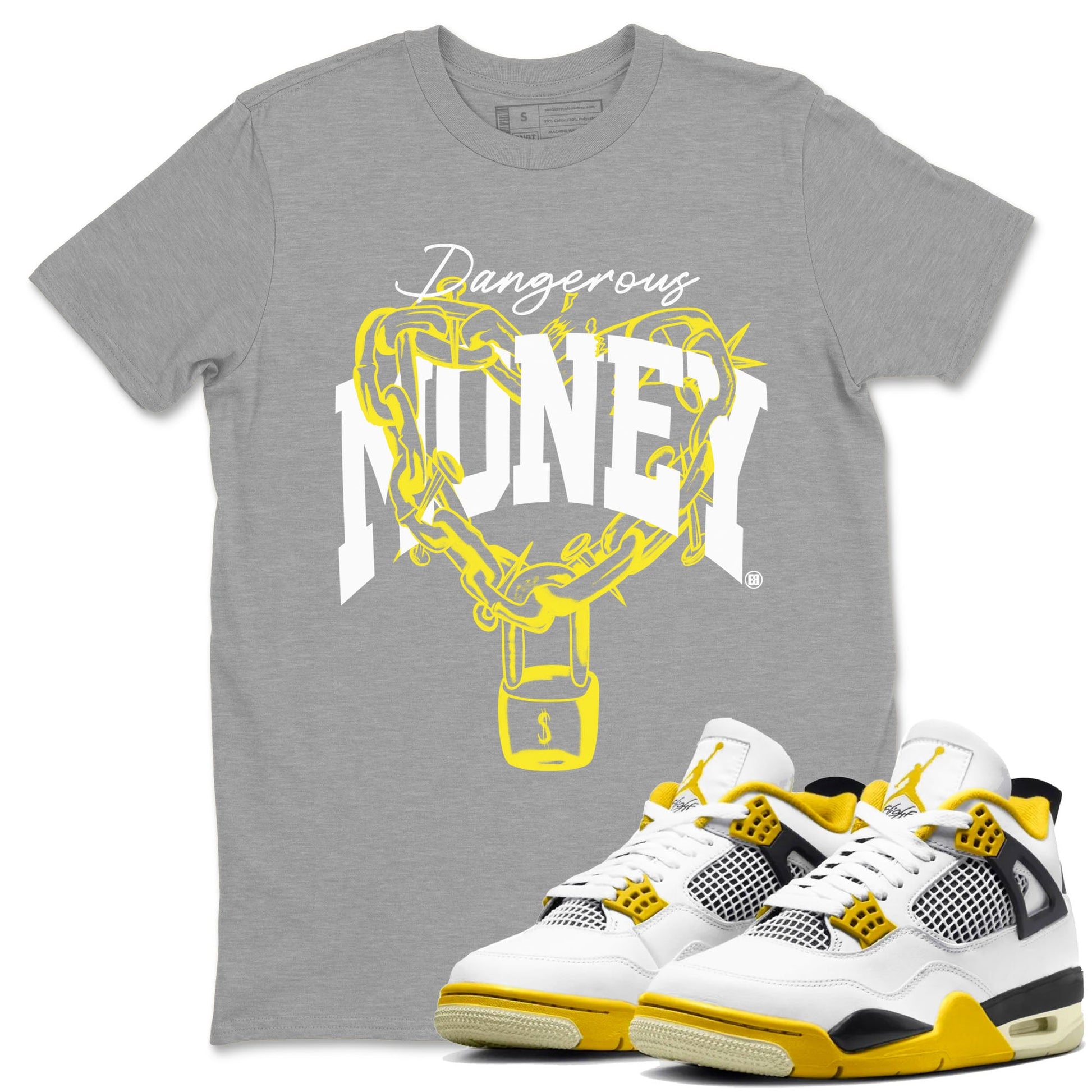 4s Vivid Sulfur shirt to match jordans Dangerous Money sneaker tees Air Jordan 4 Vivid Sulfur SNRT Sneaker Release Tees unisex cotton Heather Grey 1 crew neck shirt