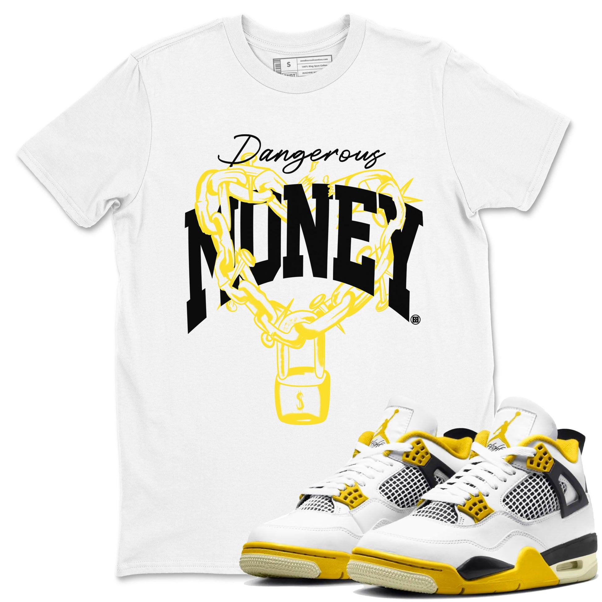4s Vivid Sulfur shirt to match jordans Dangerous Money sneaker tees Air Jordan 4 Vivid Sulfur SNRT Sneaker Release Tees unisex cotton White 1 crew neck shirt