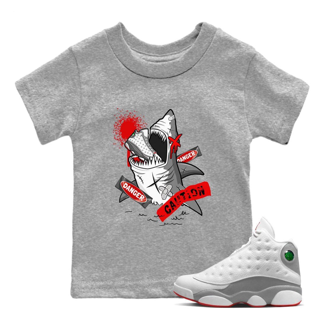 Wolf Grey 13 shirt to match jordans Dangerous Shark sneaker tees Air Jordan 13 Wolf Grey SNRT Sneaker Release Tees Baby Toddler Heather Grey 1 T-Shirt