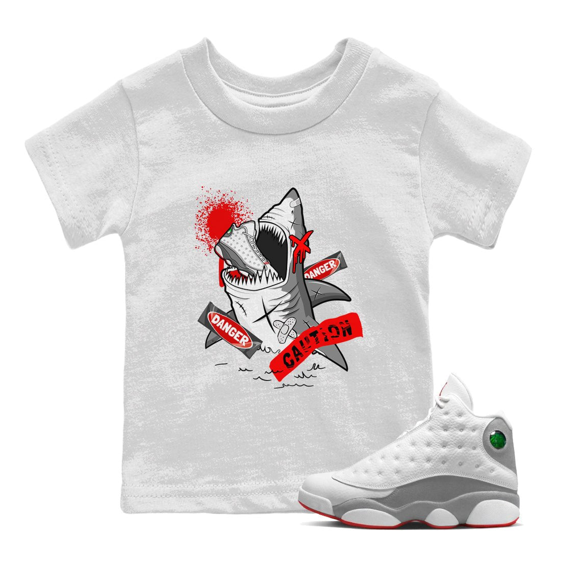 Wolf Grey 13 shirt to match jordans Dangerous Shark sneaker tees Air Jordan 13 Wolf Grey SNRT Sneaker Release Tees Baby Toddler White 1 T-Shirt