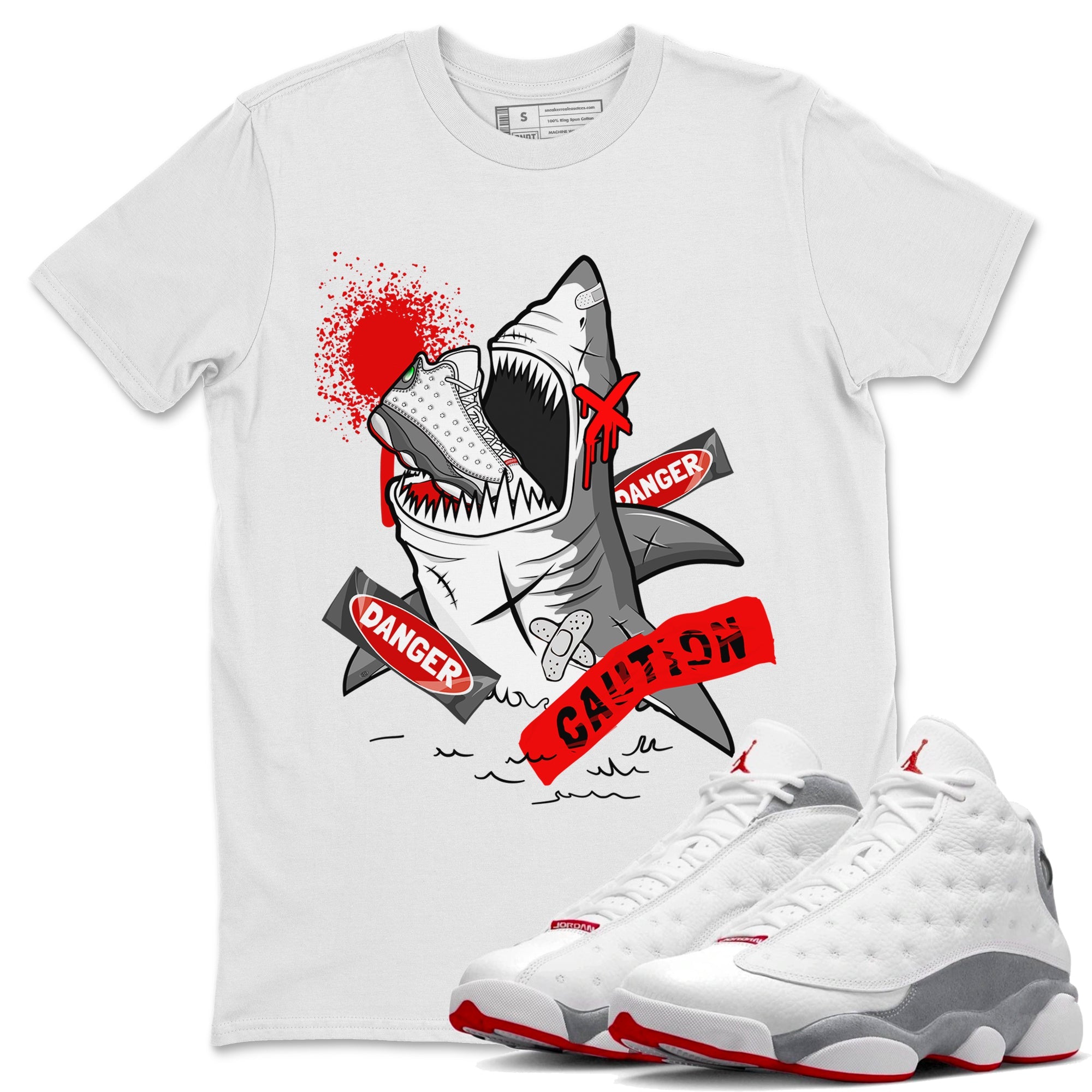 Wolf Grey 13 shirt to match jordans Dangerous Shark sneaker tees Air Jordan 13 Wolf Grey SNRT Sneaker Release Tees Unisex White 1 T-Shirt