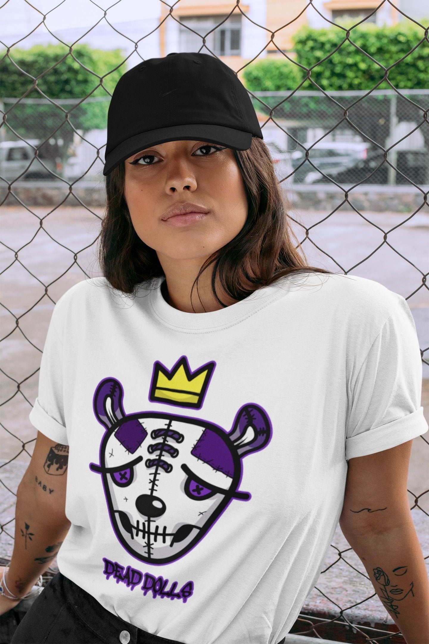 Jordan 1 WMNS Court Purple Sneaker Match Tees Dead Dolls Face Sneaker Tees Jordan 1 WMNS Court Purple Sneaker Release Tees Unisex Shirts