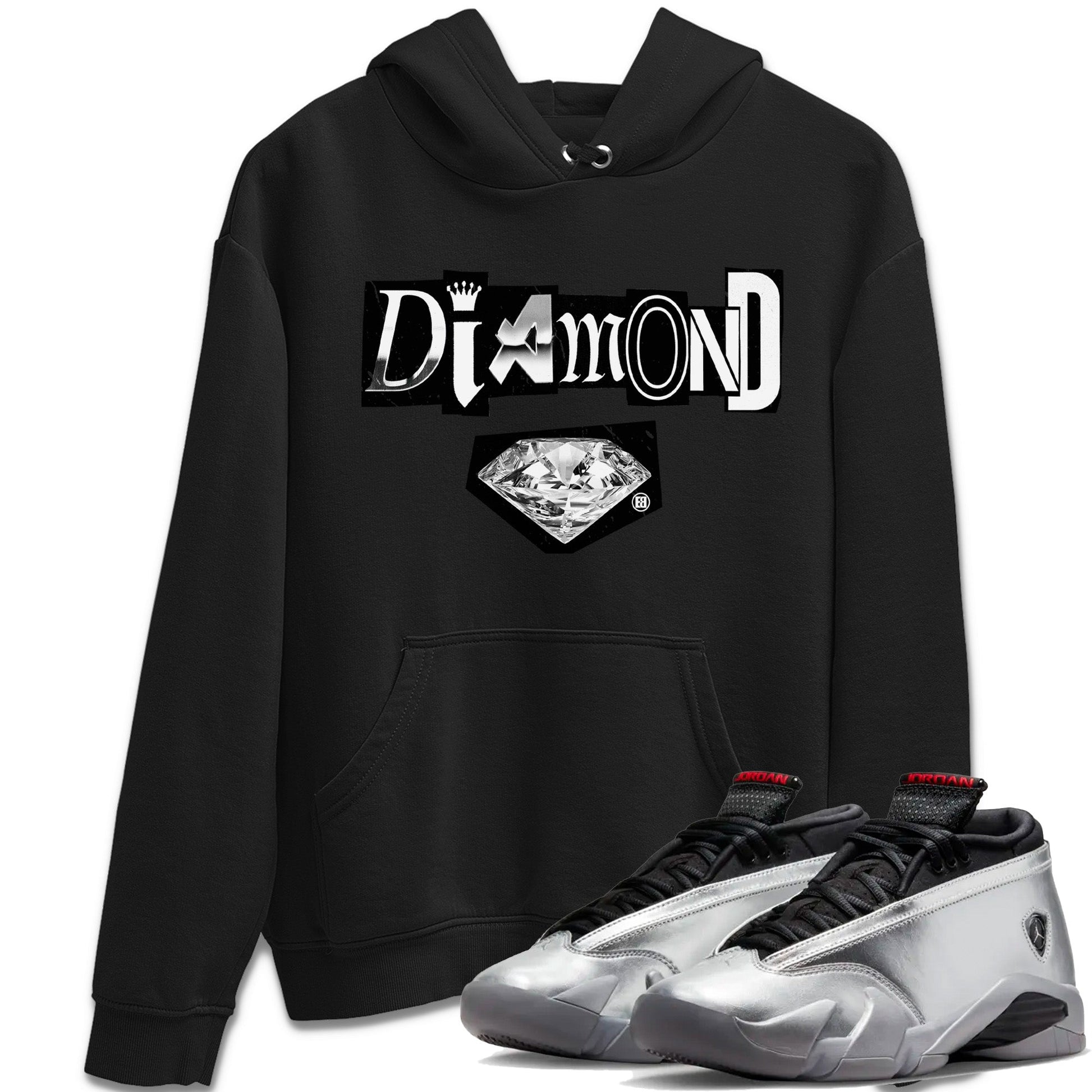 Air Jordan 14 Metallic Silver Sneaker Match Tees Diamond Letter Sneaker Tees Jordan 14 Metallic Silver Sneaker Release Tees Unisex Shirts Black 1