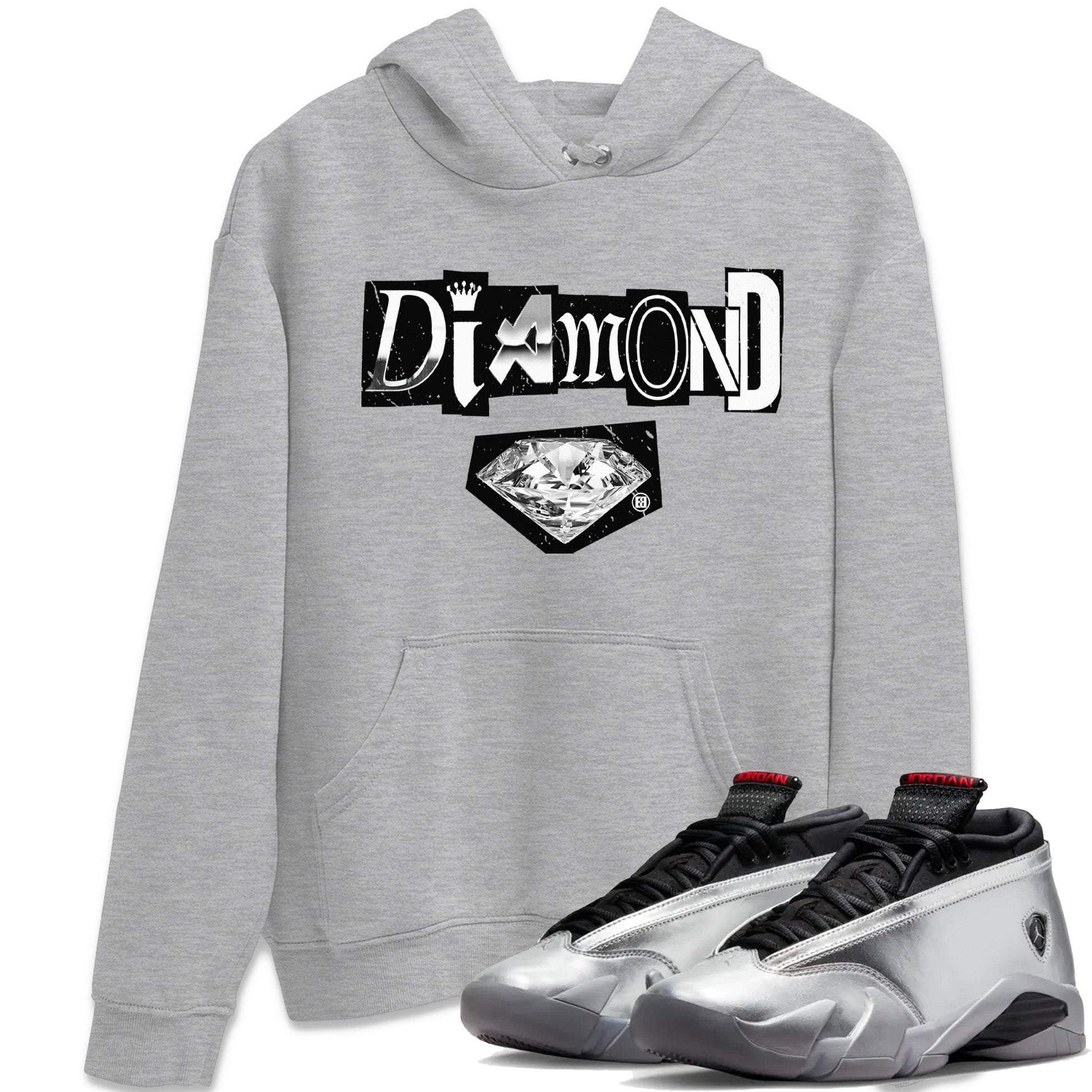 Air Jordan 14 Metallic Silver Sneaker Match Tees Diamond Letter Sneaker Tees Jordan 14 Metallic Silver Sneaker Release Tees Unisex Shirts Heather Grey 1