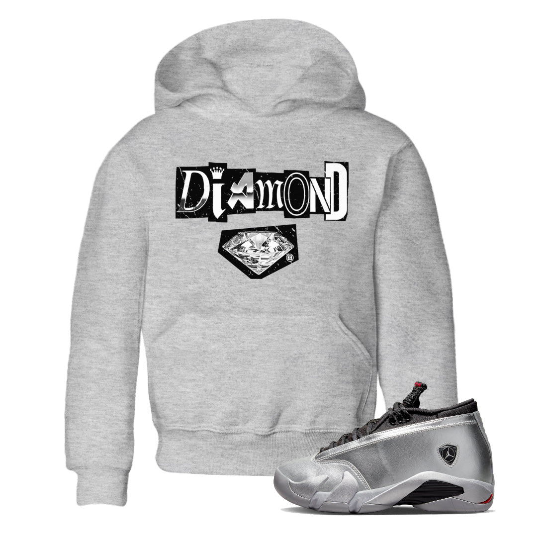 Air Jordan 14 Metallic Silver Sneaker Match Tees Diamond Letter Sneaker Tees Jordan 14 Metallic Silver Sneaker Release Tees Kids Shirts Heather Grey 1