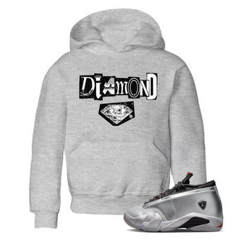 Air Jordan 14 Metallic Silver Sneaker Match Tees Diamond Letter Sneaker Tees Jordan 14 Metallic Silver Sneaker Release Tees Kids Shirts Heather Grey 1