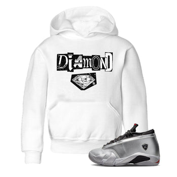 Air Jordan 14 Metallic Silver Sneaker Match Tees Diamond Letter Sneaker Tees Jordan 14 Metallic Silver Sneaker Release Tees Kids Shirts White 1