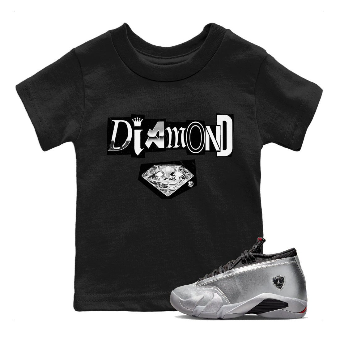 Air Jordan 14 Metallic Silver Sneaker Match Tees Diamond Letter Sneaker Tees Jordan 14 Metallic Silver Sneaker Release Tees Kids Shirts Black 1