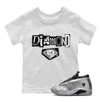 Air Jordan 14 Metallic Silver Sneaker Match Tees Diamond Letter Sneaker Tees Jordan 14 Metallic Silver Sneaker Release Tees Kids Shirts White 1