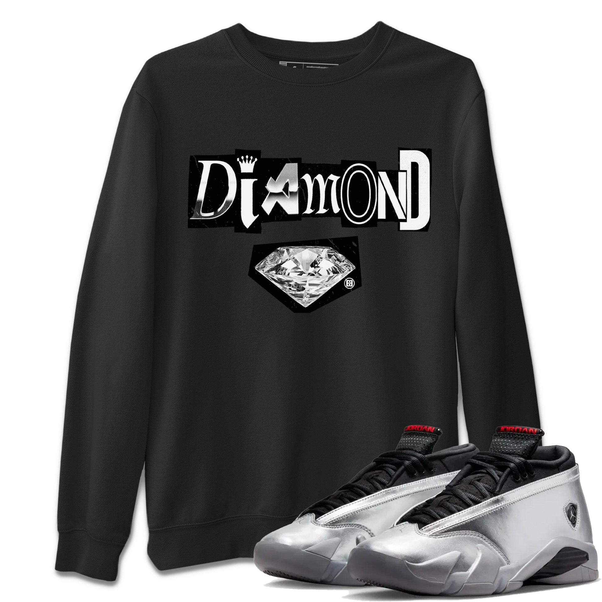 Air Jordan 14 Metallic Silver Sneaker Match Tees Diamond Letter Sneaker Tees Jordan 14 Metallic Silver Sneaker Release Tees Unisex Shirts Black 1