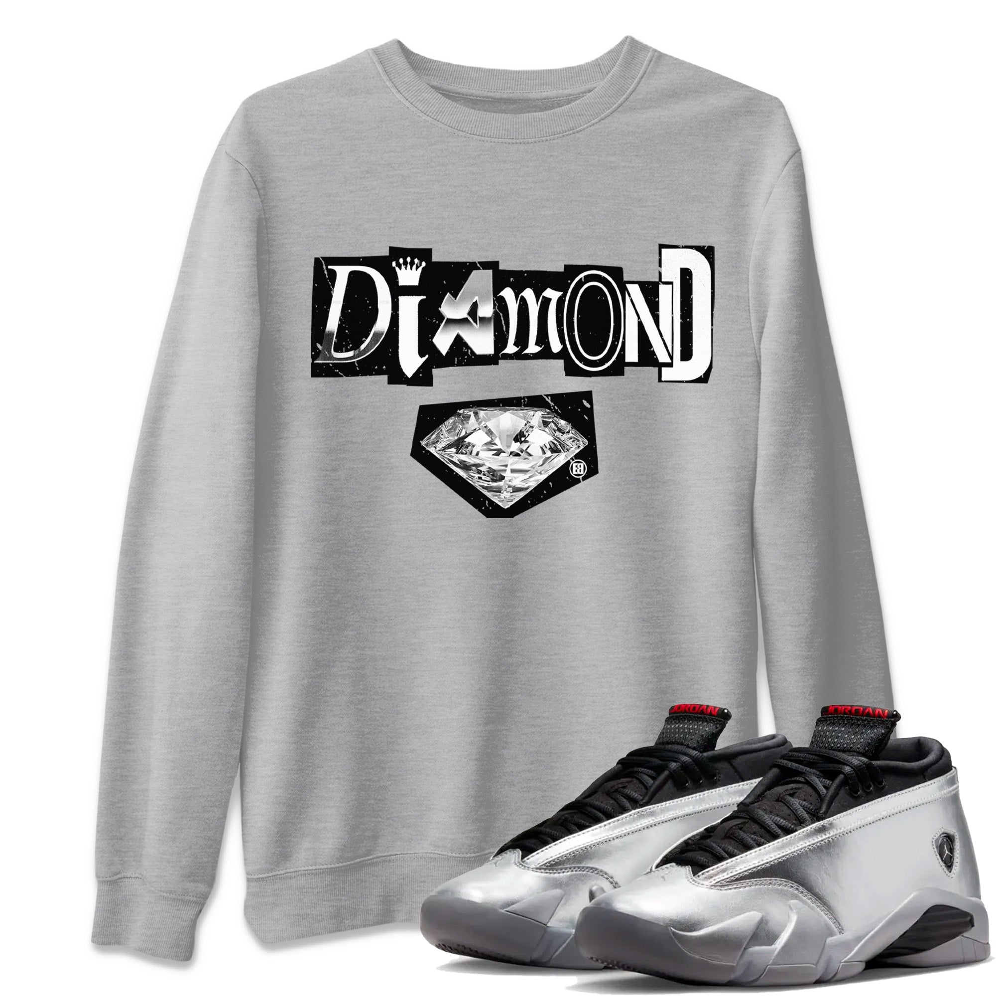 Air Jordan 14 Metallic Silver Sneaker Match Tees Diamond Letter Sneaker Tees Jordan 14 Metallic Silver Sneaker Release Tees Unisex Shirts Heather Grey 1