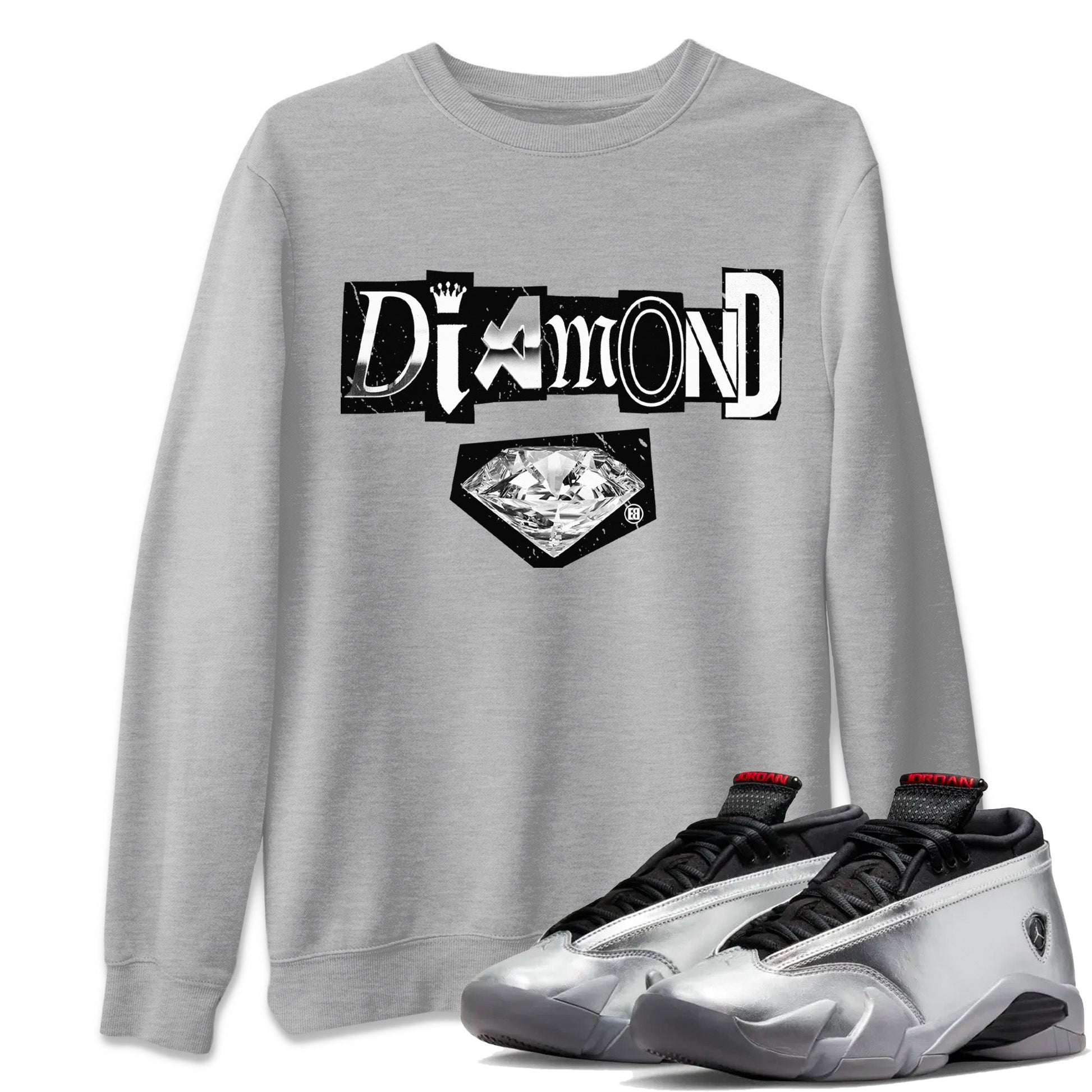 Air Jordan 14 Metallic Silver Sneaker Match Tees Diamond Letter Sneaker Tees Jordan 14 Metallic Silver Sneaker Release Tees Unisex Shirts Heather Grey 1