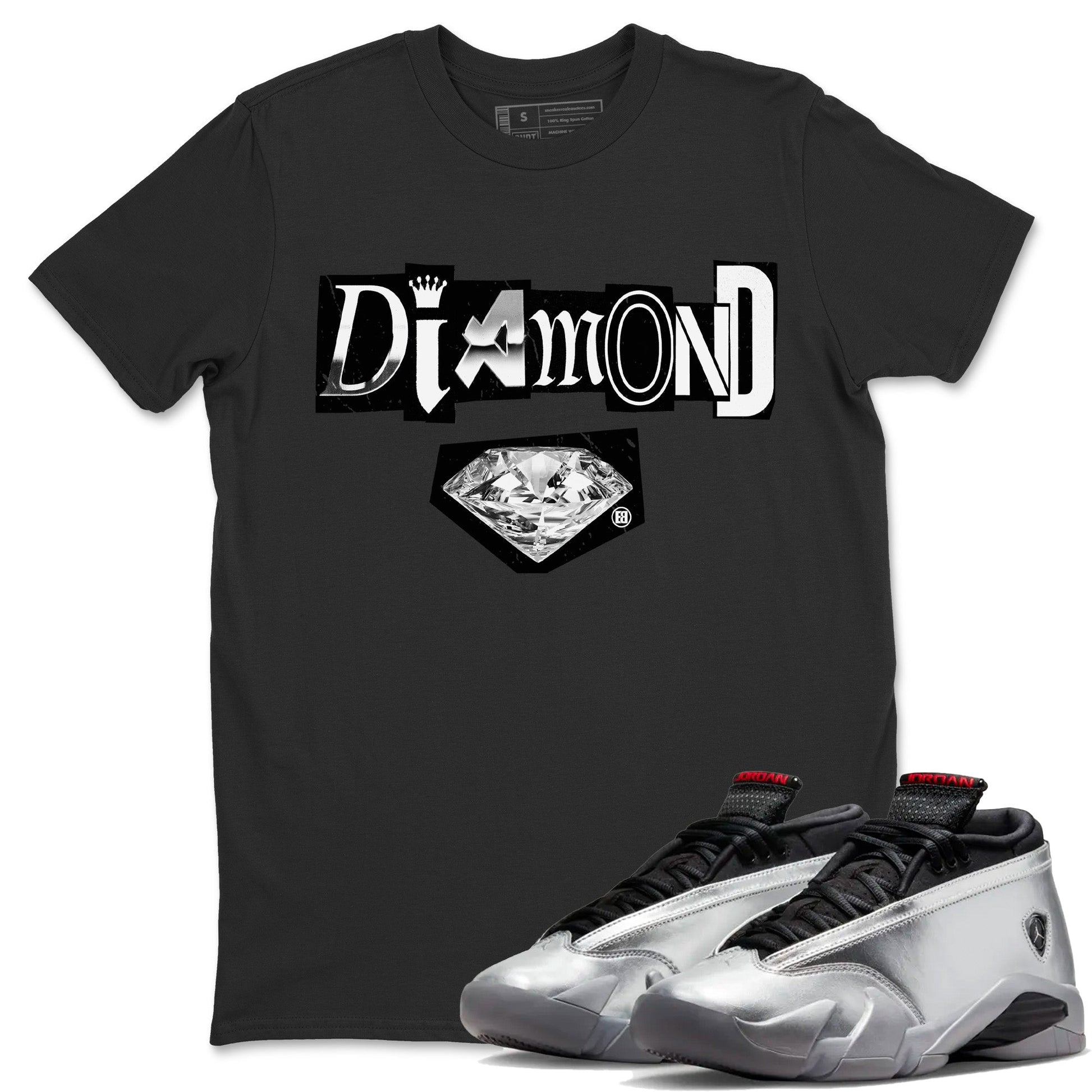 Air Jordan 14 Metallic Silver Sneaker Match Tees Diamond Letter Sneaker Tees Jordan 14 Metallic Silver Sneaker Release Tees Unisex Shirts Black 1