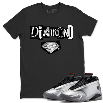 Air Jordan 14 Metallic Silver Sneaker Match Tees Diamond Letter Sneaker Tees Jordan 14 Metallic Silver Sneaker Release Tees Unisex Shirts Black 1
