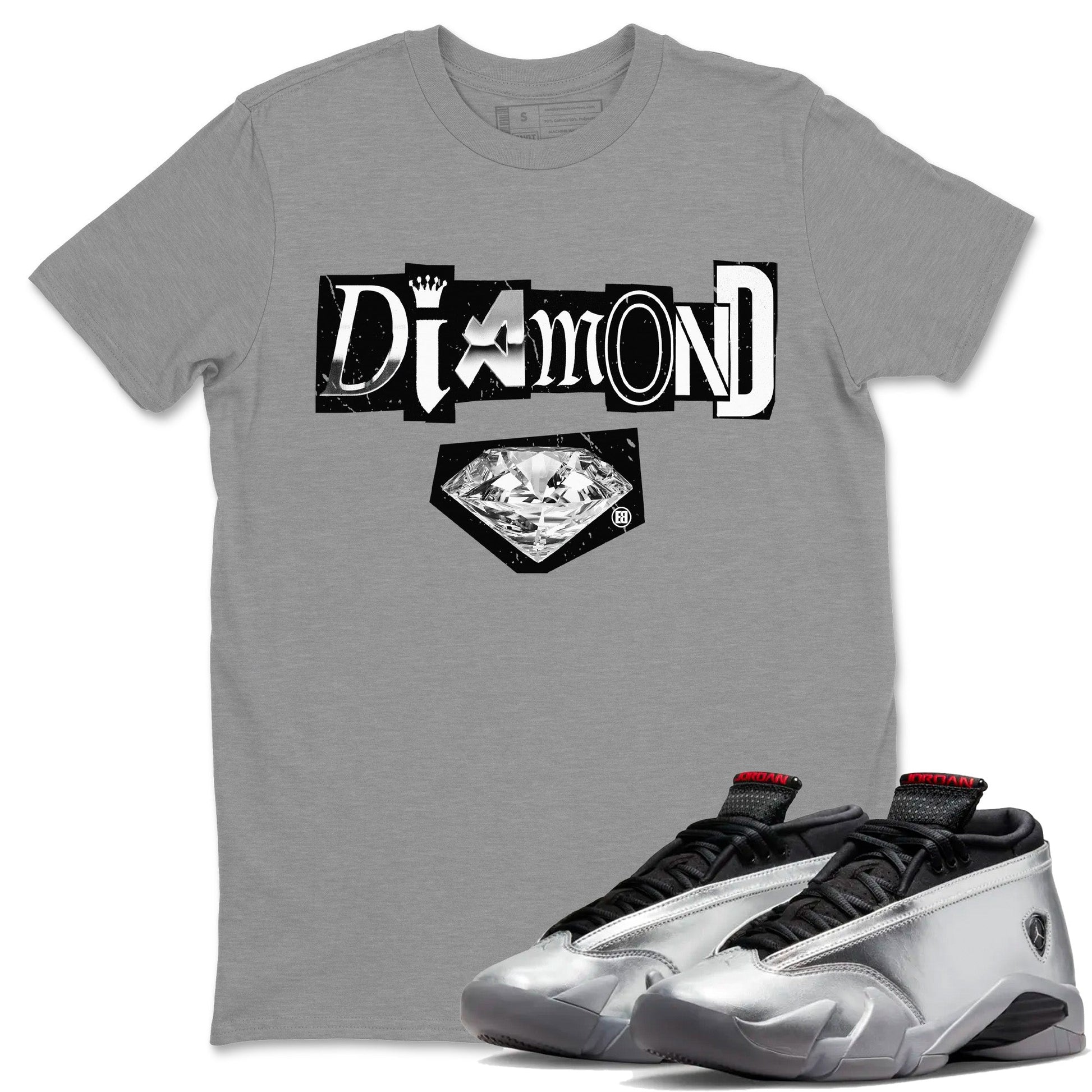 Air Jordan 14 Metallic Silver Diamond Letter Crew Neck Sneaker Tees Jordan 14 Metallic Silver Sneaker T-Shirts Size Chart