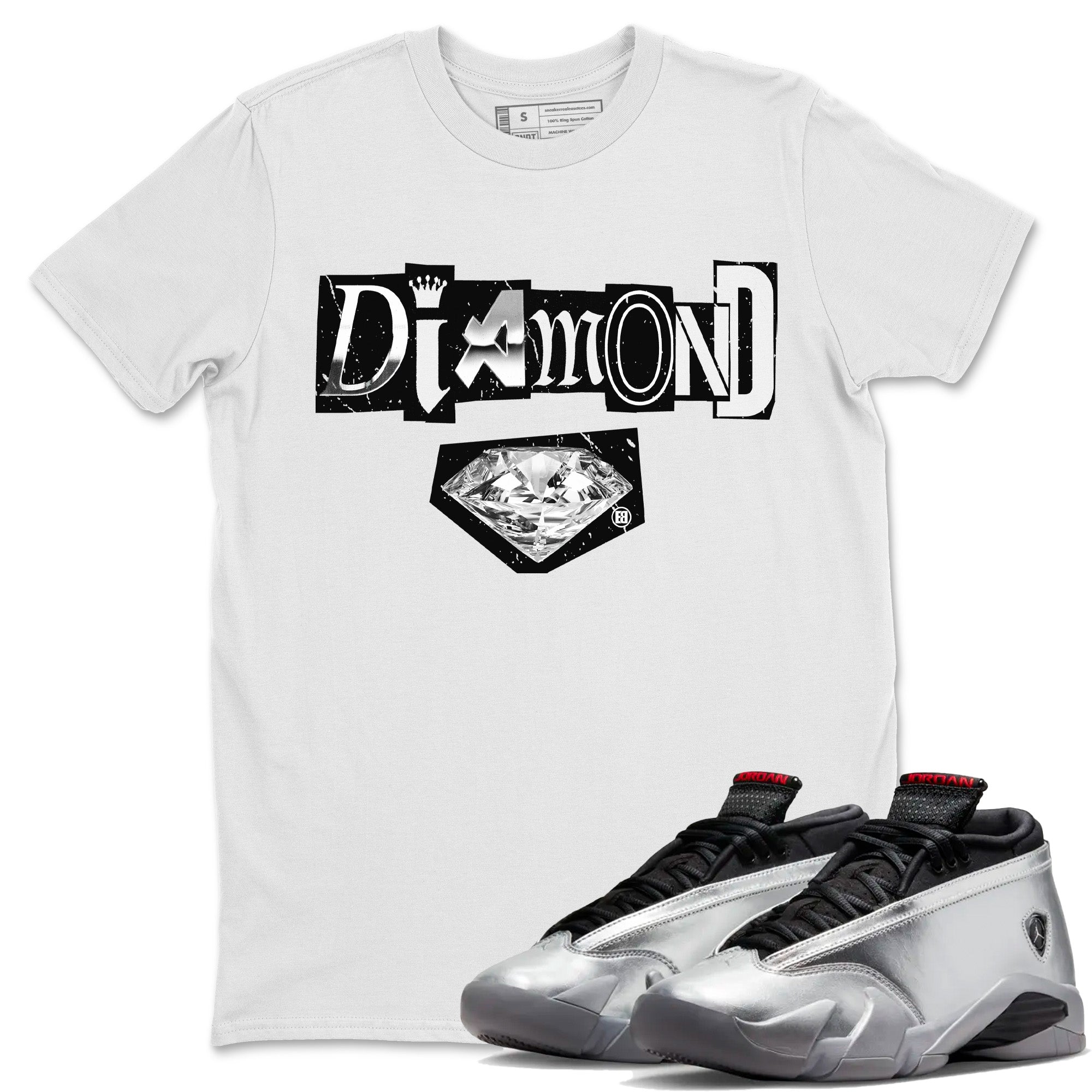 Air Jordan 14 Metallic Silver Sneaker Match Tees Diamond Letter Sneaker Tees Jordan 14 Metallic Silver Sneaker Release Tees Unisex Shirts White 1
