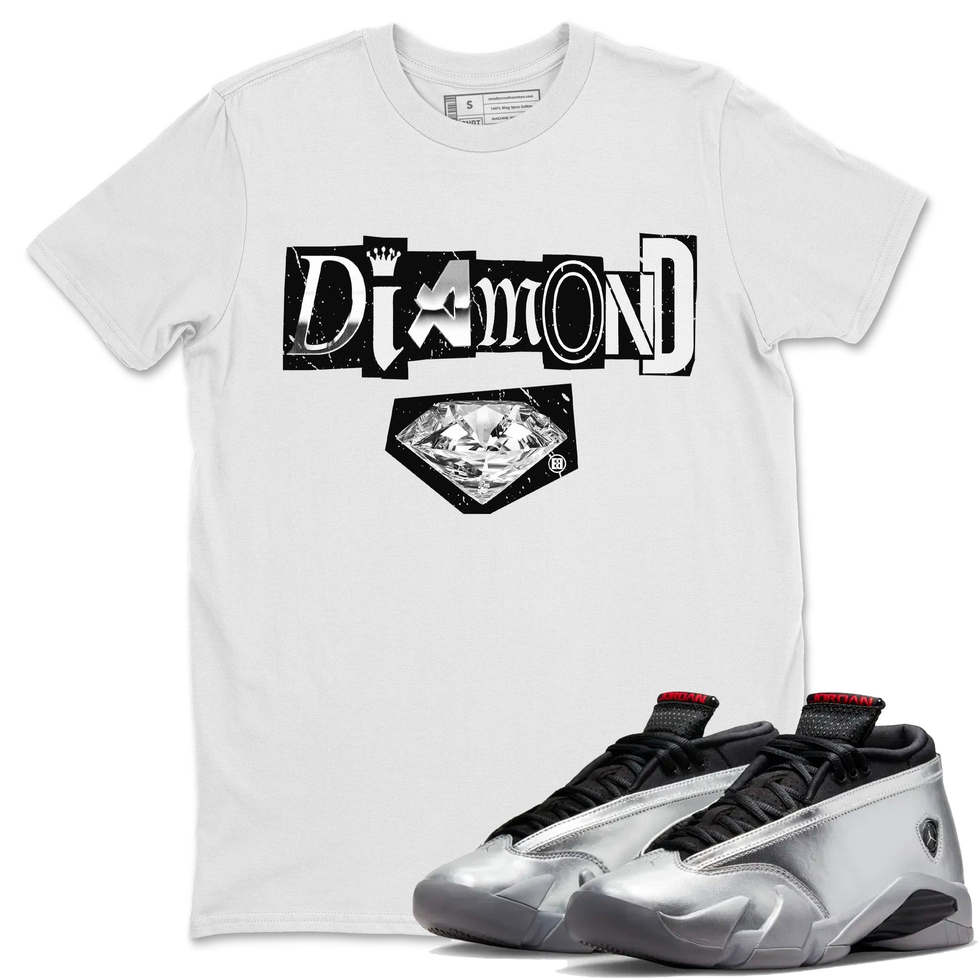 Air Jordan 14 Metallic Silver Sneaker Match Tees Diamond Letter Sneaker Tees Jordan 14 Metallic Silver Sneaker Release Tees Unisex Shirts White 1