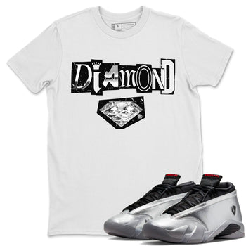 Air Jordan 14 Metallic Silver Sneaker Match Tees Diamond Letter Sneaker Tees Jordan 14 Metallic Silver Sneaker Release Tees Unisex Shirts White 1