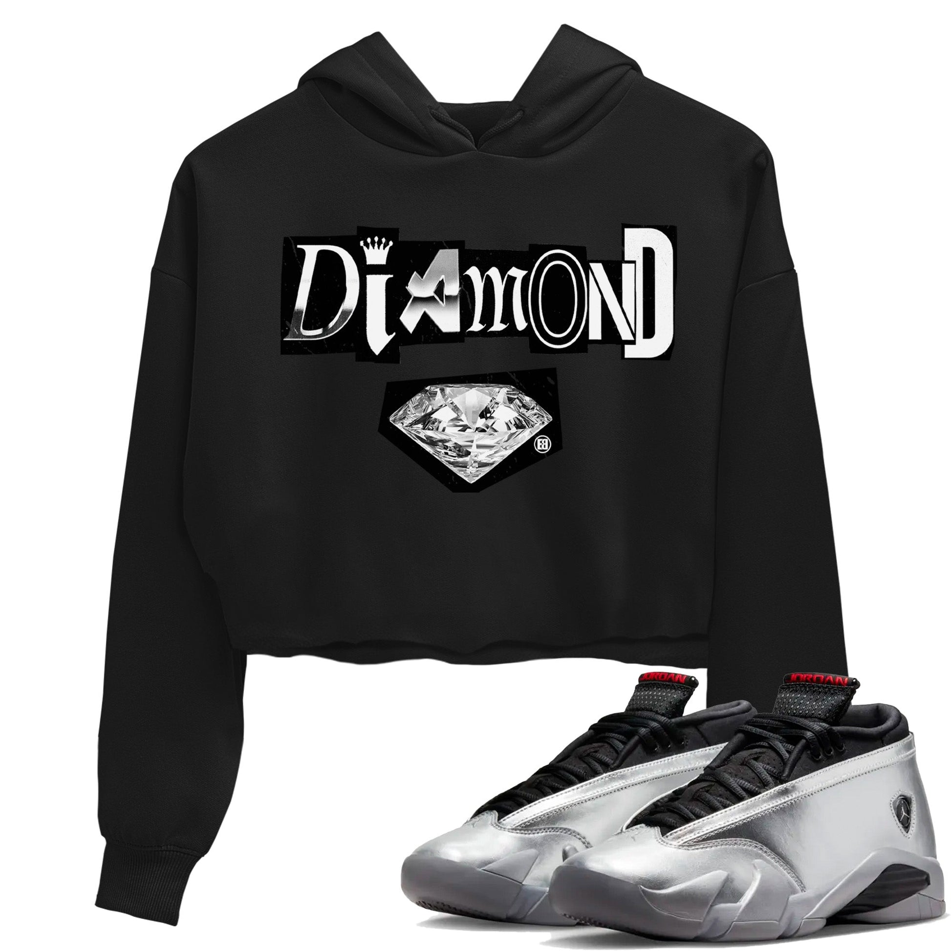 Air Jordan 14 Metallic Silver Sneaker Match Tees Diamond Letter Sneaker Tees Jordan 14 Metallic Silver Sneaker Release Tees Women's Shirts Black 1