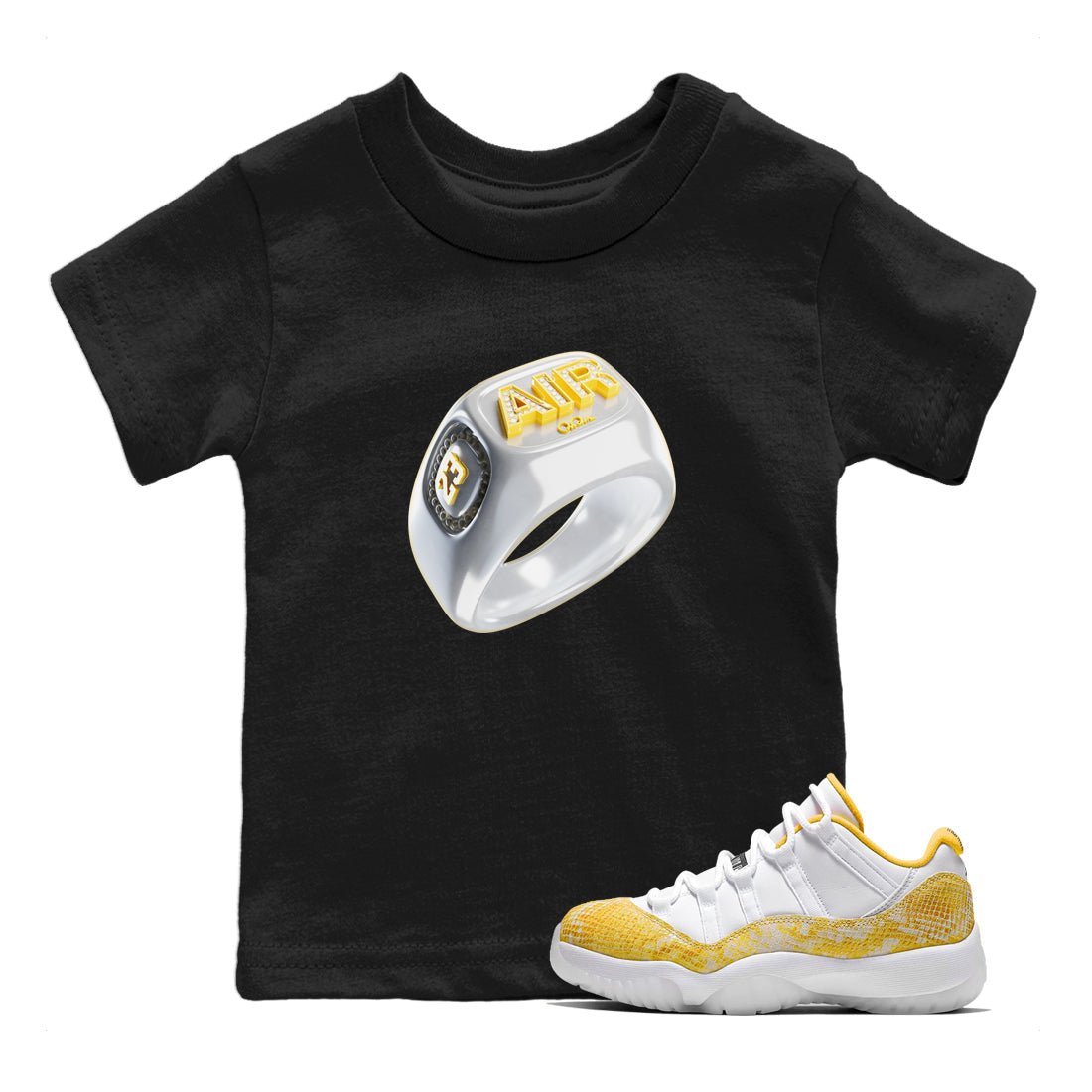 Air Jordan 11 Yellow Python Sneaker Match Tees Diamond Ring Sneaker Tees AJ11 Yellow Python Sneaker Release Tees Kids Shirts Black 1