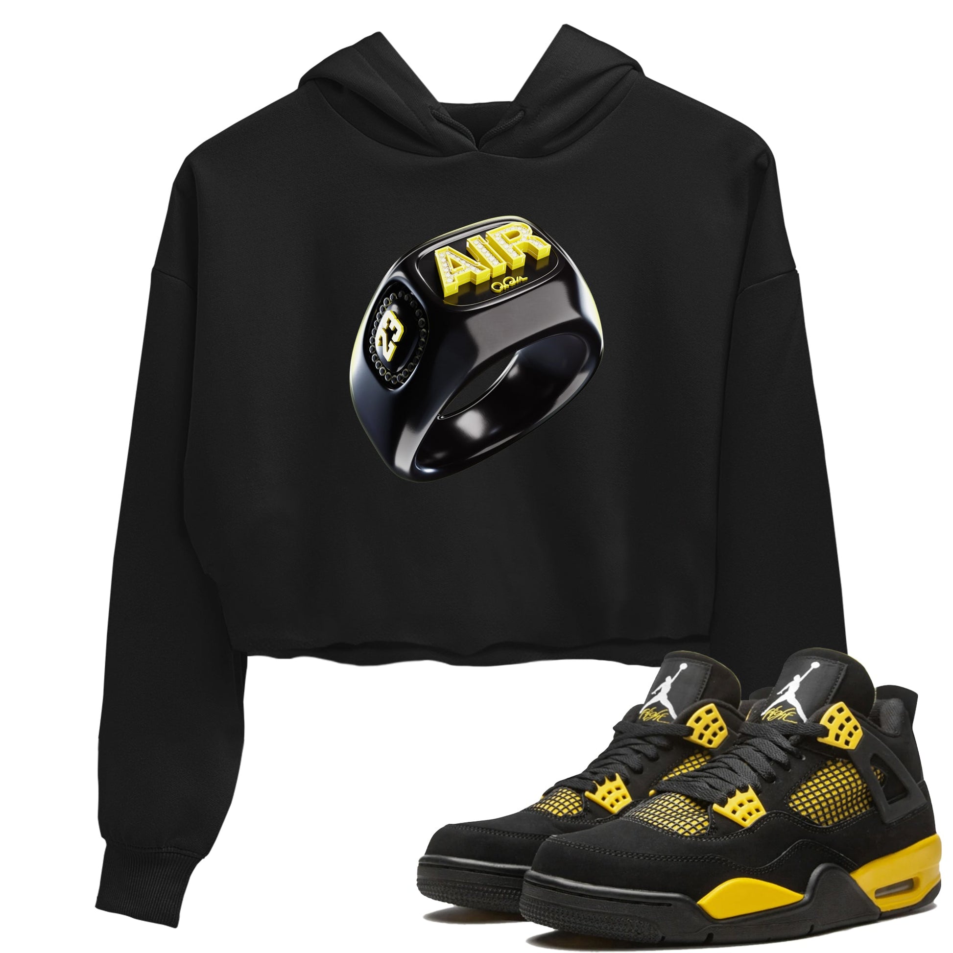 Air Jordan 4 Thunder Sneaker Match Tees Diamond Ring Sneaker Tees AJ4 Thunder Jumpman Sneaker Release Tees Women's Shirts Black 1