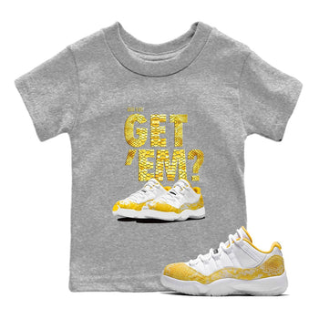 Air Jordan 11 Yellow Python Sneaker Match Tees Did You Get 'Em SNRT Sneaker Tees 11s Yellow Snakeskin SNRT Sneaker Release Tees Kids Shirts To Match Jordan Heather Grey 1