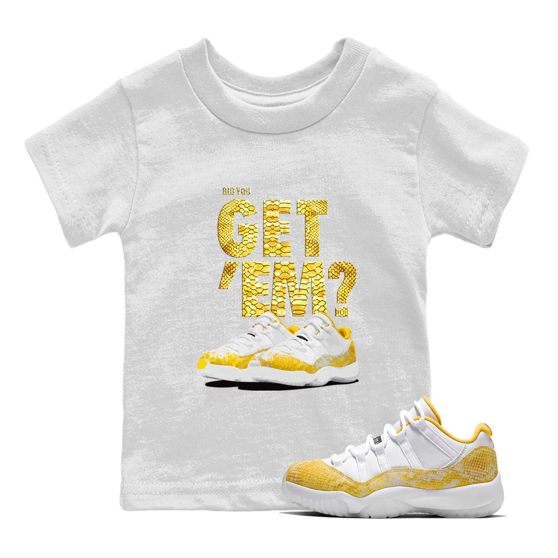Air Jordan 11 Yellow Python Sneaker Match Tees Did You Get 'Em SNRT Sneaker Tees 11s Yellow Snakeskin SNRT Sneaker Release Tees Kids Shirts To Match Jordan White 1