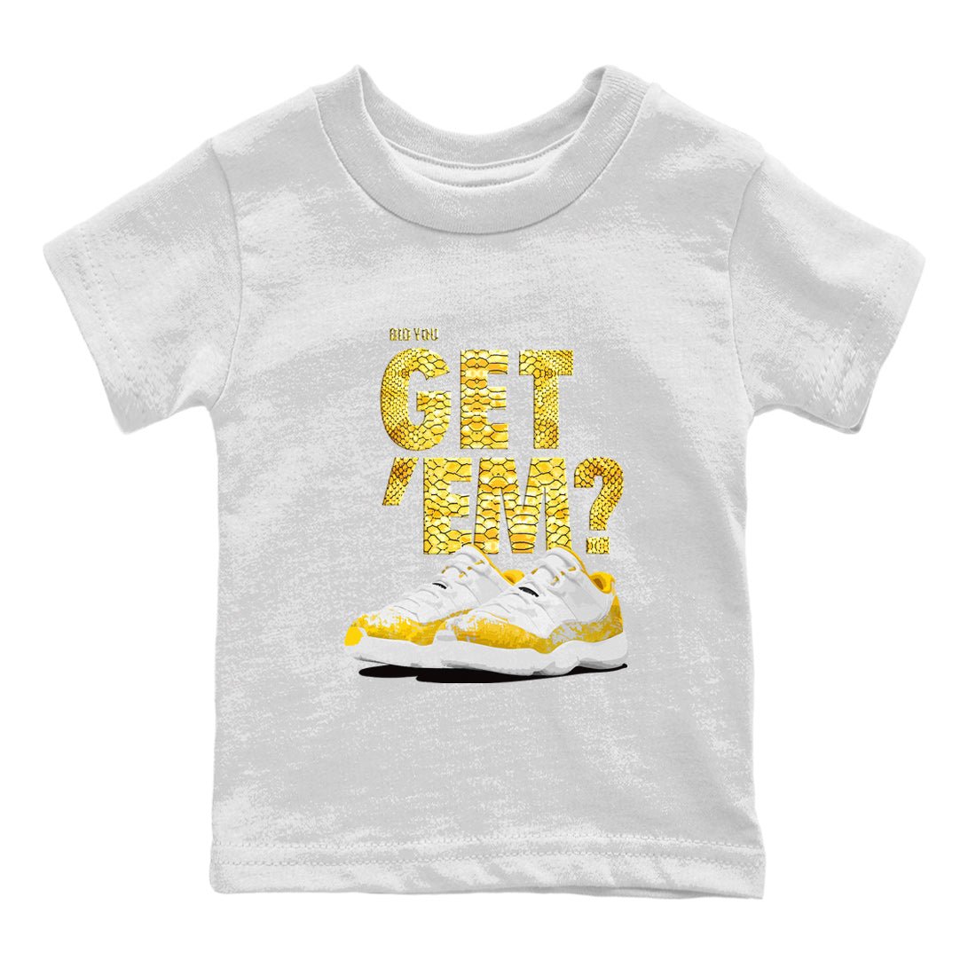 Air Jordan 11 Yellow Python Sneaker Match Tees Did You Get 'Em SNRT Sneaker Tees 11s Yellow Snakeskin SNRT Sneaker Release Tees Kids Shirts To Match Jordan White 2