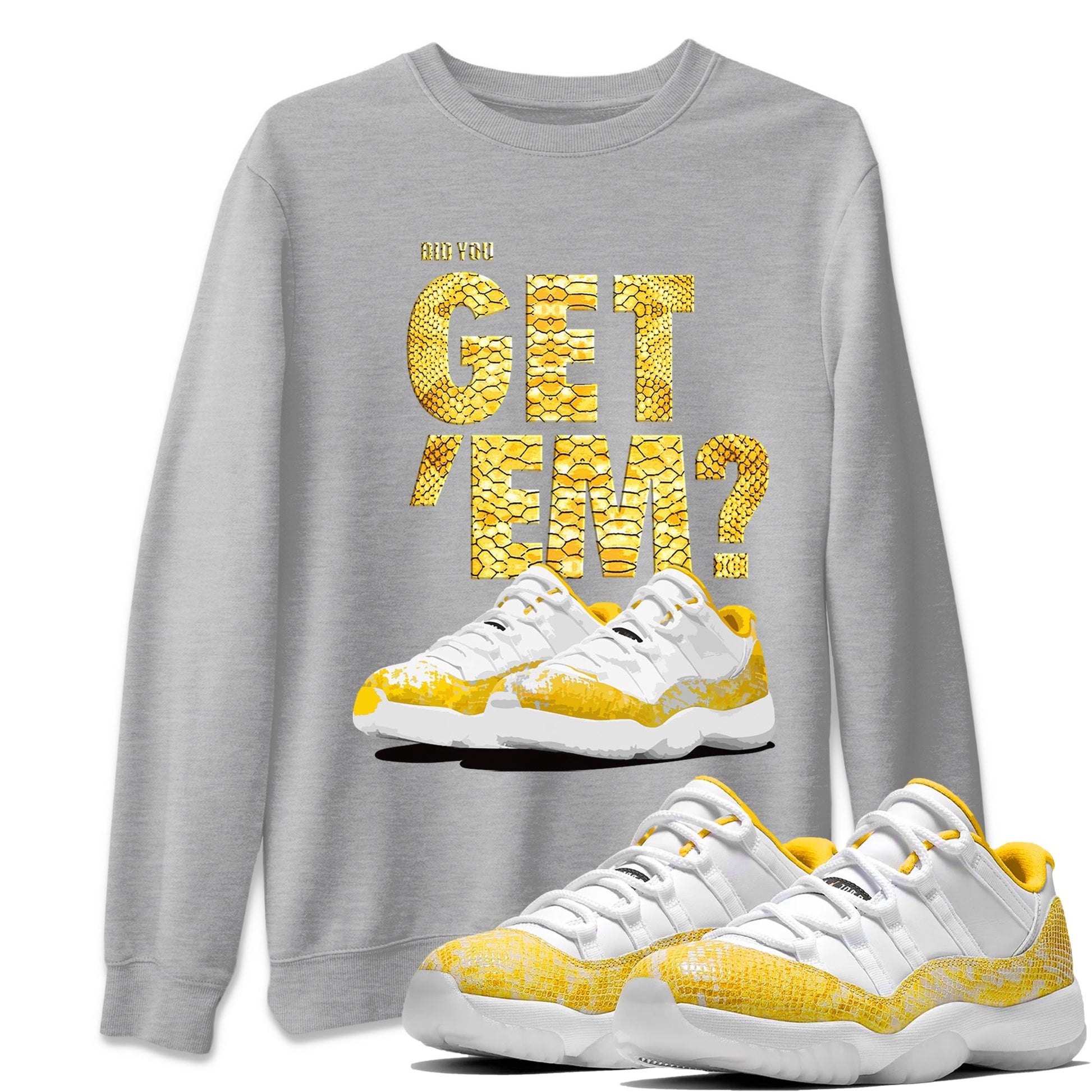 Air Jordan 11 Yellow Python Sneaker Match Tees Did You Get 'Em SNRT Sneaker Tees 11s Yellow Snakeskin SNRT Sneaker Release Tees Unisex Shirts To Match Jordan Heather Grey 1