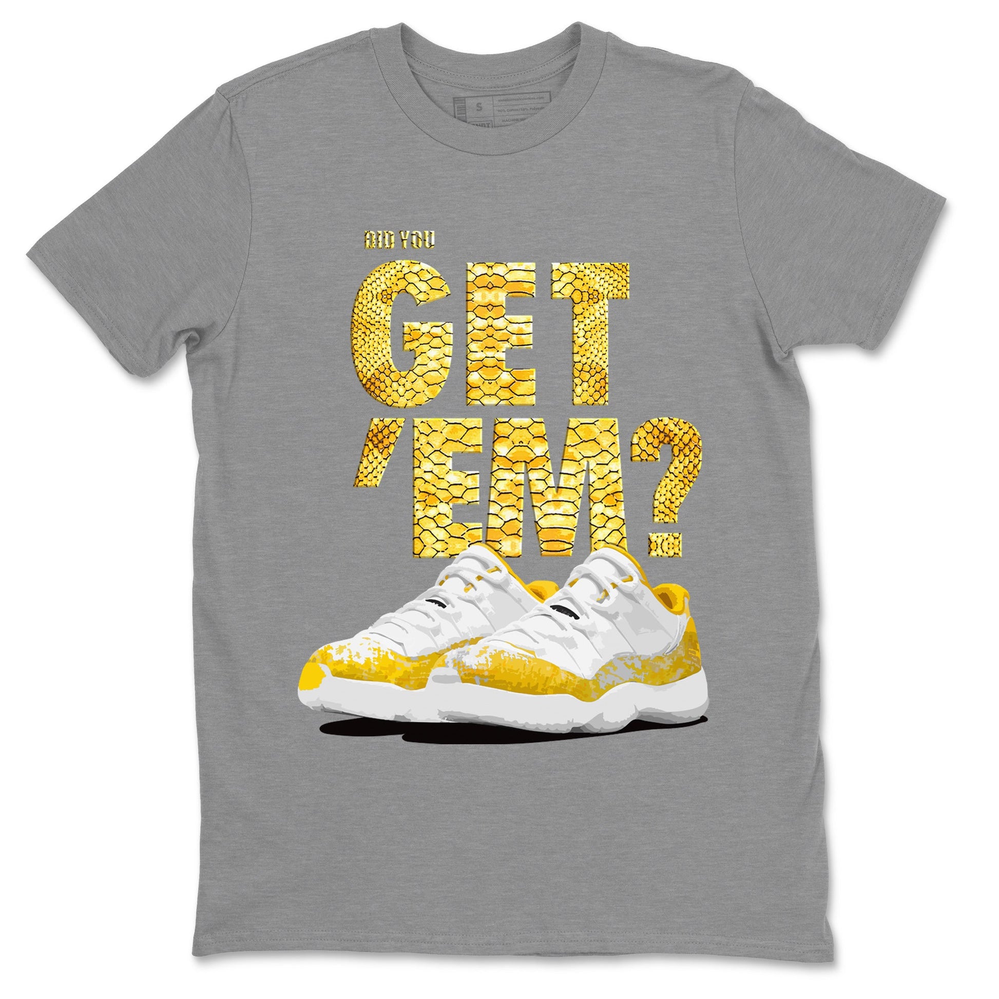 Air Jordan 11 Yellow Python Sneaker Match Tees Did You Get 'Em SNRT Sneaker Tees 11s Yellow Snakeskin SNRT Sneaker Release Tees Unisex Shirts To Match Jordan Heather Grey 2