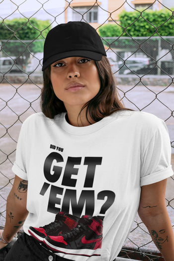 Jordan 1 Bred Patent Sneaker Match Tees Did You Get Em SNRT Sneaker Tees Jordan 1 Bred Patent SNRT Sneaker Release Tees Unisex Shirts