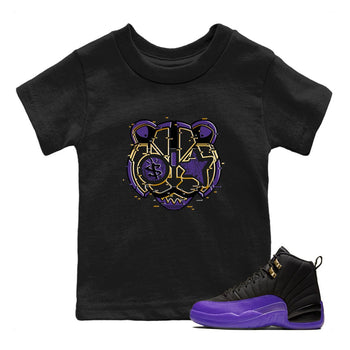 Air Jordan 12 Field Purple Sneaker Match Tees Digital Cat Face Sneaker Tees 12s Field Purple Sneaker Release Tees Kids Shirts Black 1