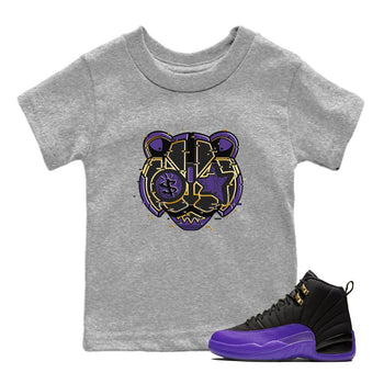 Air Jordan 12 Field Purple Sneaker Match Tees Digital Cat Face Sneaker Tees 12s Field Purple Sneaker Release Tees Kids Shirts Heather Grey 1