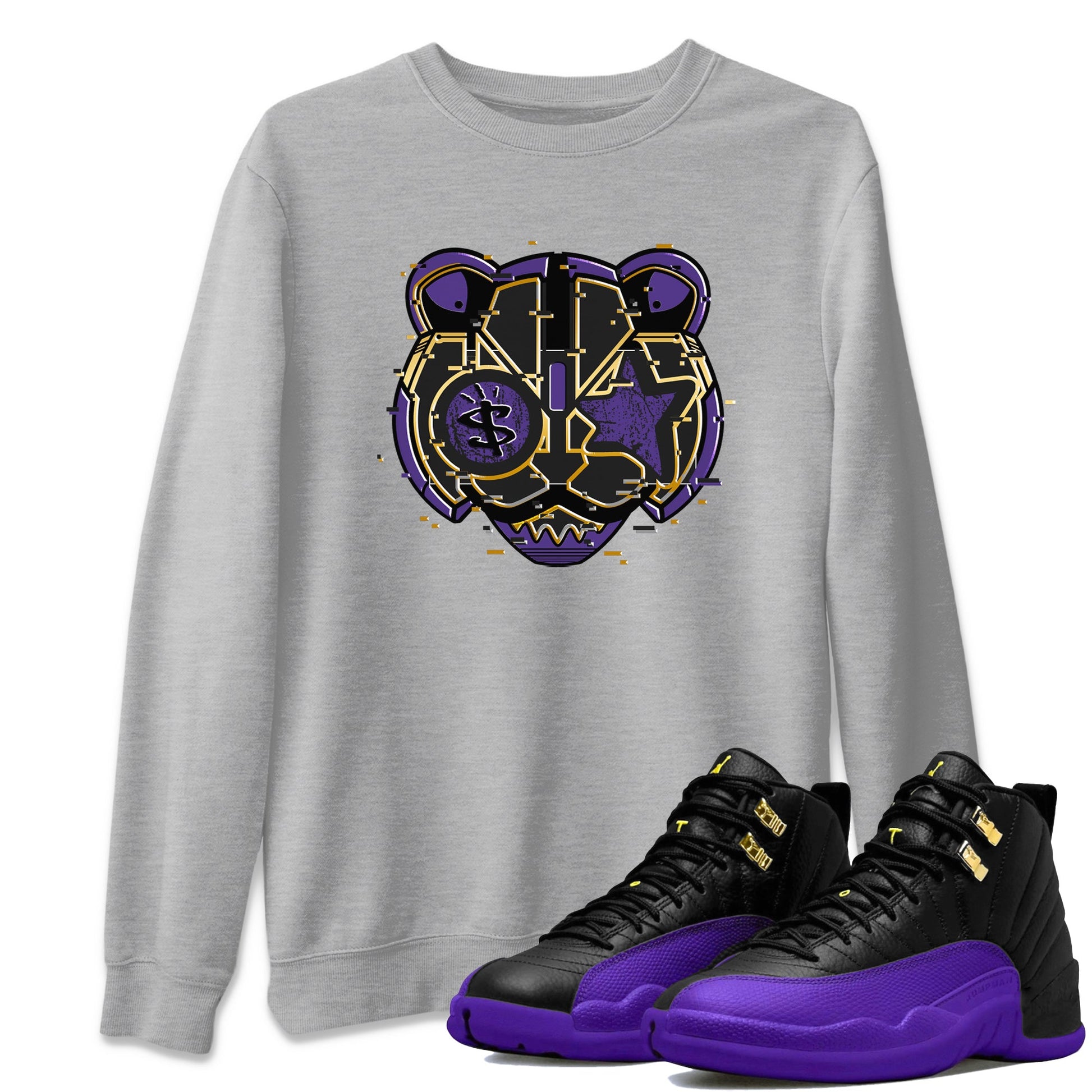 Air Jordan 12 Field Purple Sneaker Match Tees Digital Cat Face Sneaker Tees 12s Field Purple Sneaker Release Tees Unisex Shirts Heather Grey 1