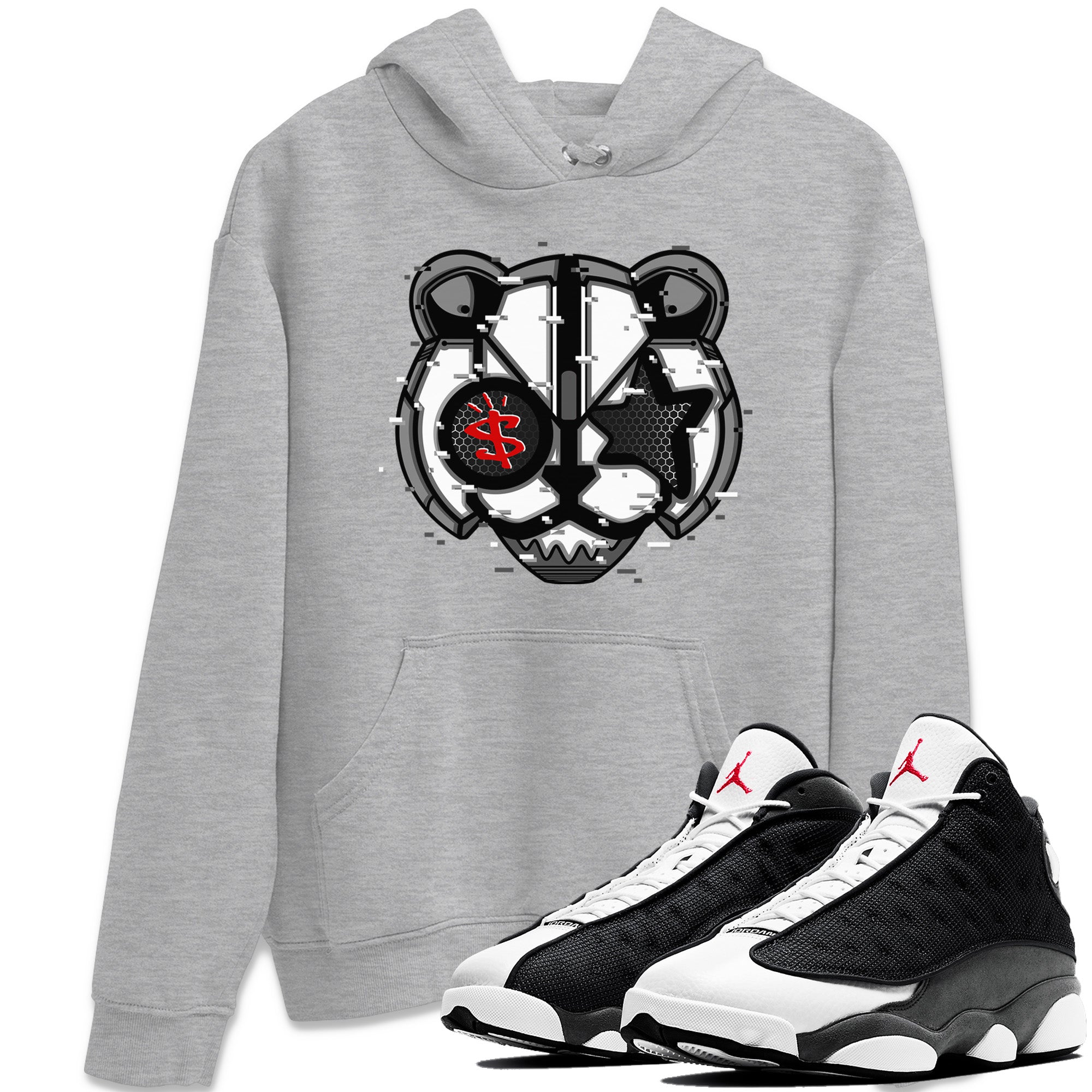 Air Jordan 13 Black Flint Sneaker Match Tees Digital Cat Face Sneaker Tees Air Jordan 13 Retro Black Flint Sneaker Release Tees Unisex Shirts Heather Grey 1