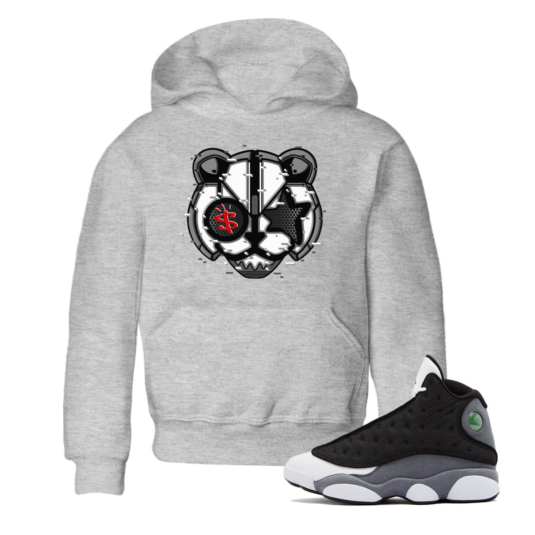 Air Jordan 13 Black Flint Sneaker Match Tees Digital Cat Face Sneaker Tees Air Jordan 13 Retro Black Flint Sneaker Release Tees Kids Shirts Heather Grey 1