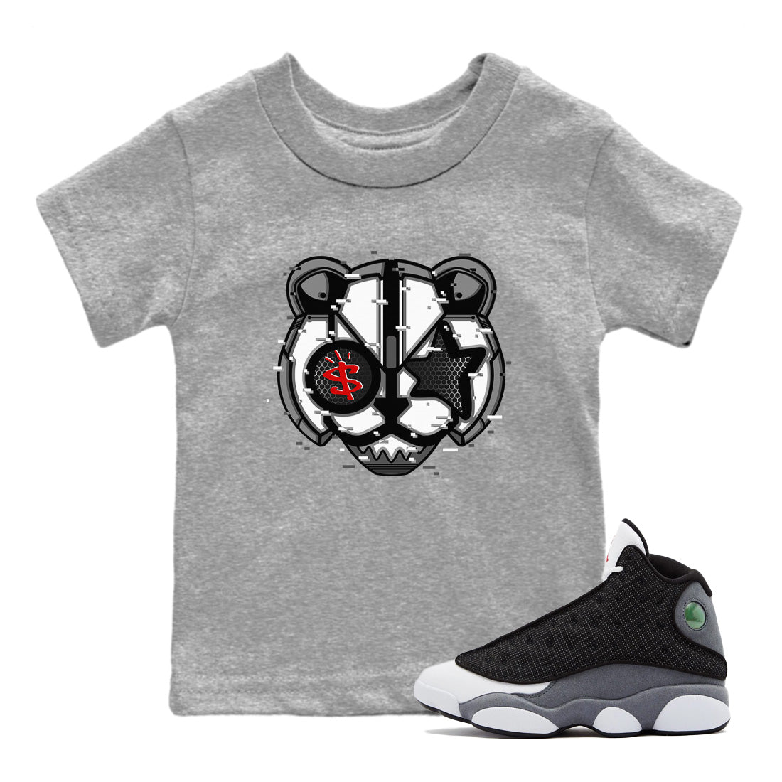 Air Jordan 13 Black Flint Sneaker Match Tees Digital Cat Face Sneaker Tees Air Jordan 13 Retro Black Flint Sneaker Release Tees Kids Shirts Heather Grey 1