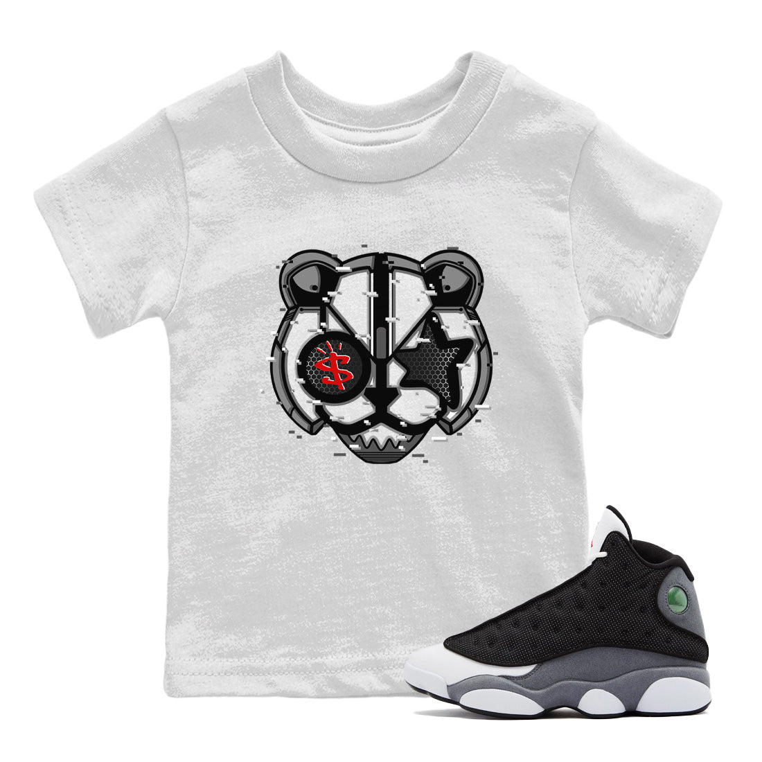 Air Jordan 13 Black Flint Sneaker Match Tees Digital Cat Face Sneaker Tees Air Jordan 13 Retro Black Flint Sneaker Release Tees Kids Shirts White 1